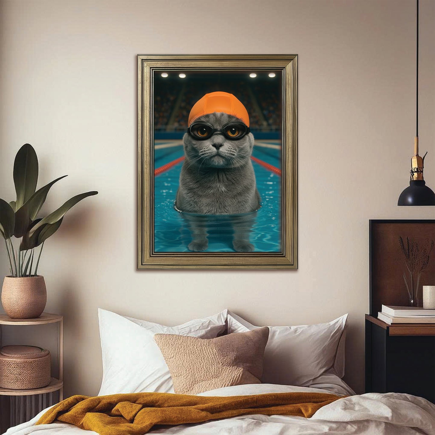 Custom Photo Swimmer  2 Cat Canvas Framed Wall Art Gift For Cat Lovers