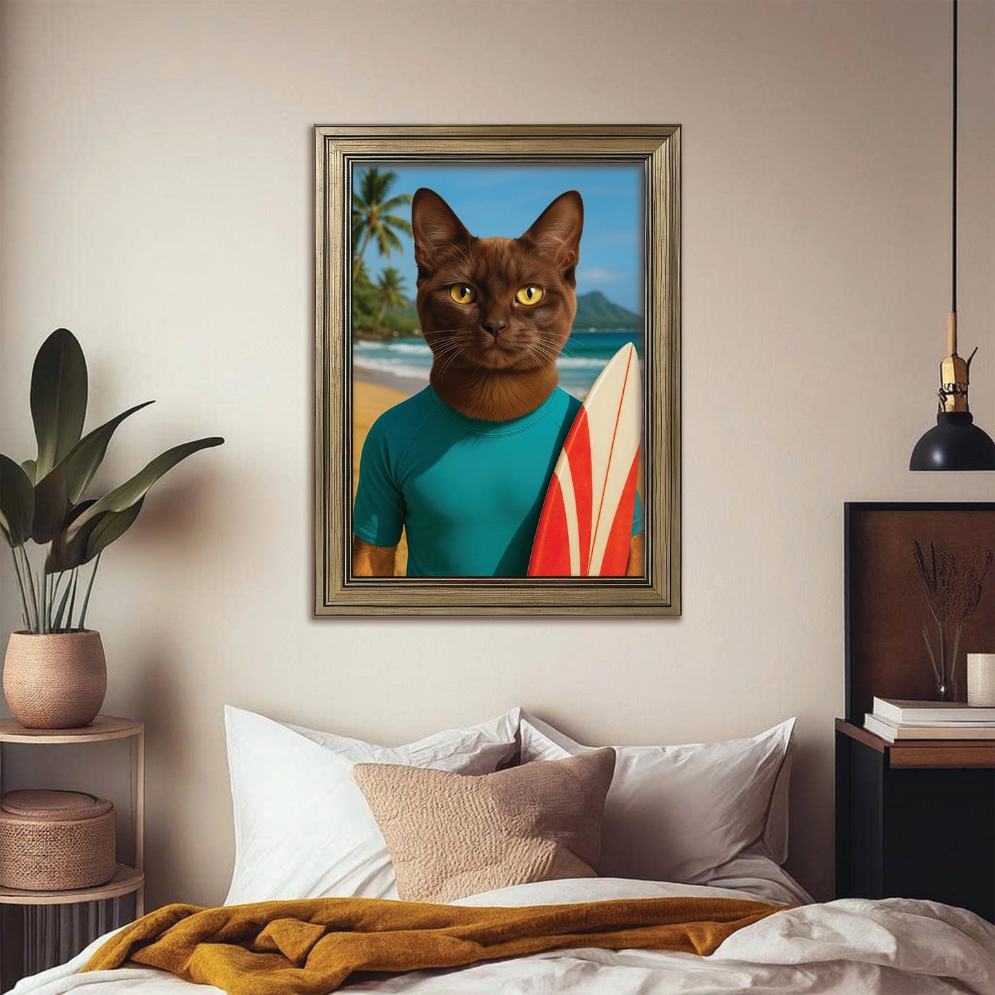 Custom Photo Surfer Beach Cat Canvas Framed Wall Art Gift For Cat Lovers