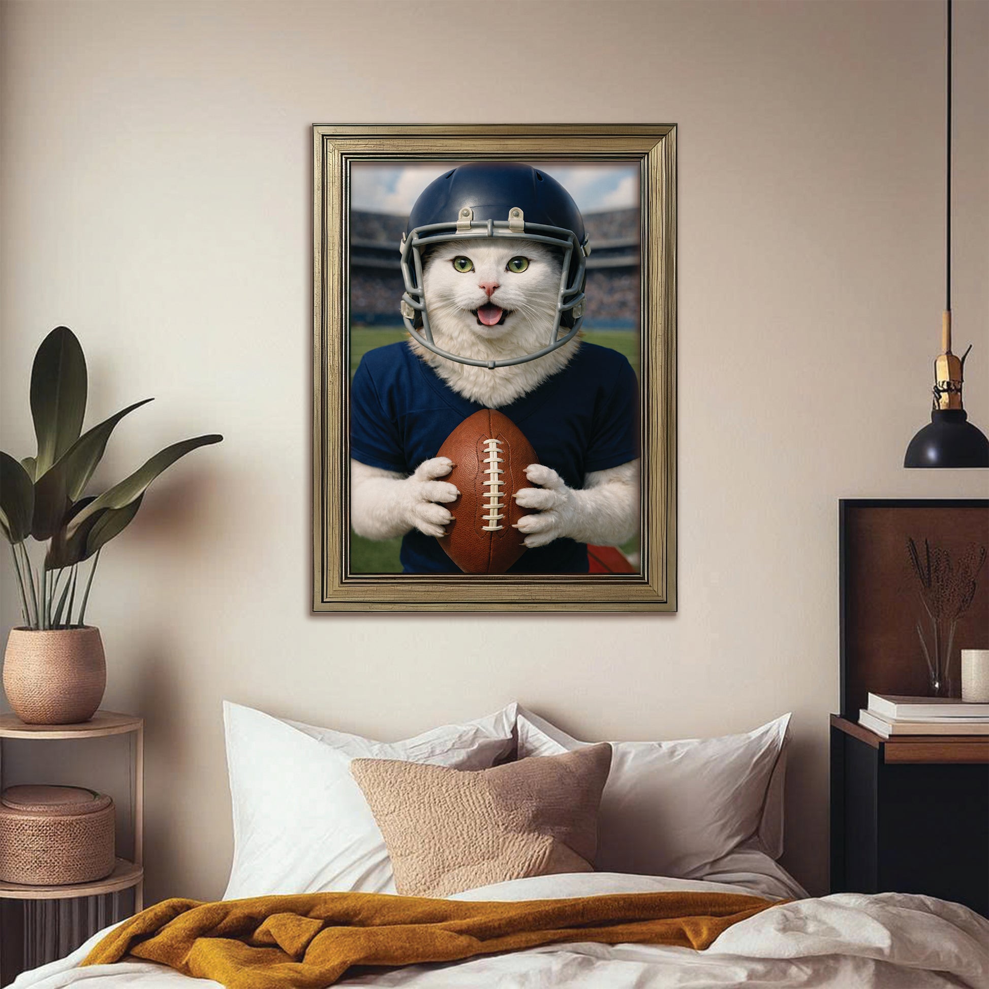 Custom Photo Footaball Cat Canvas Framed Wall Art  Gift For Cat Lovers