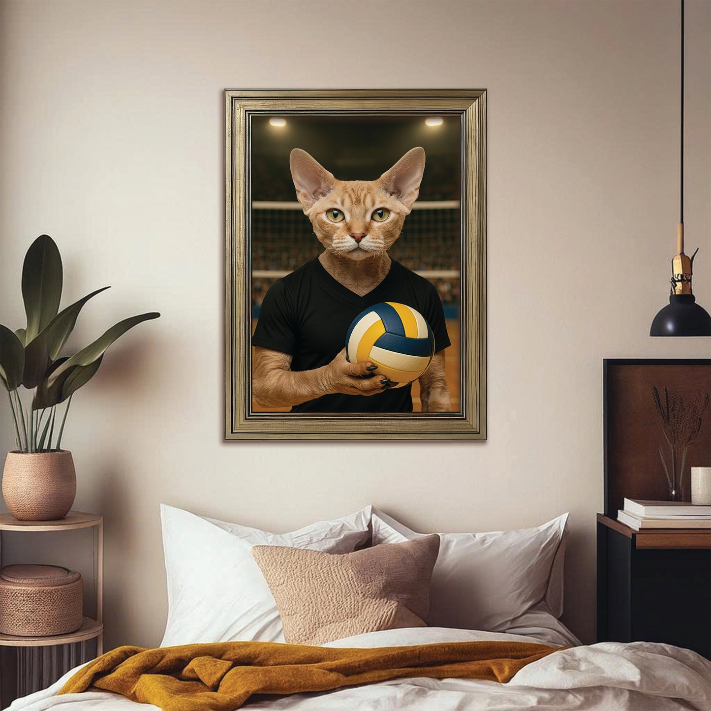 Custom Photo Volleyball Player Cat Canvas Framed Wall Art Gift For Cat Lovers