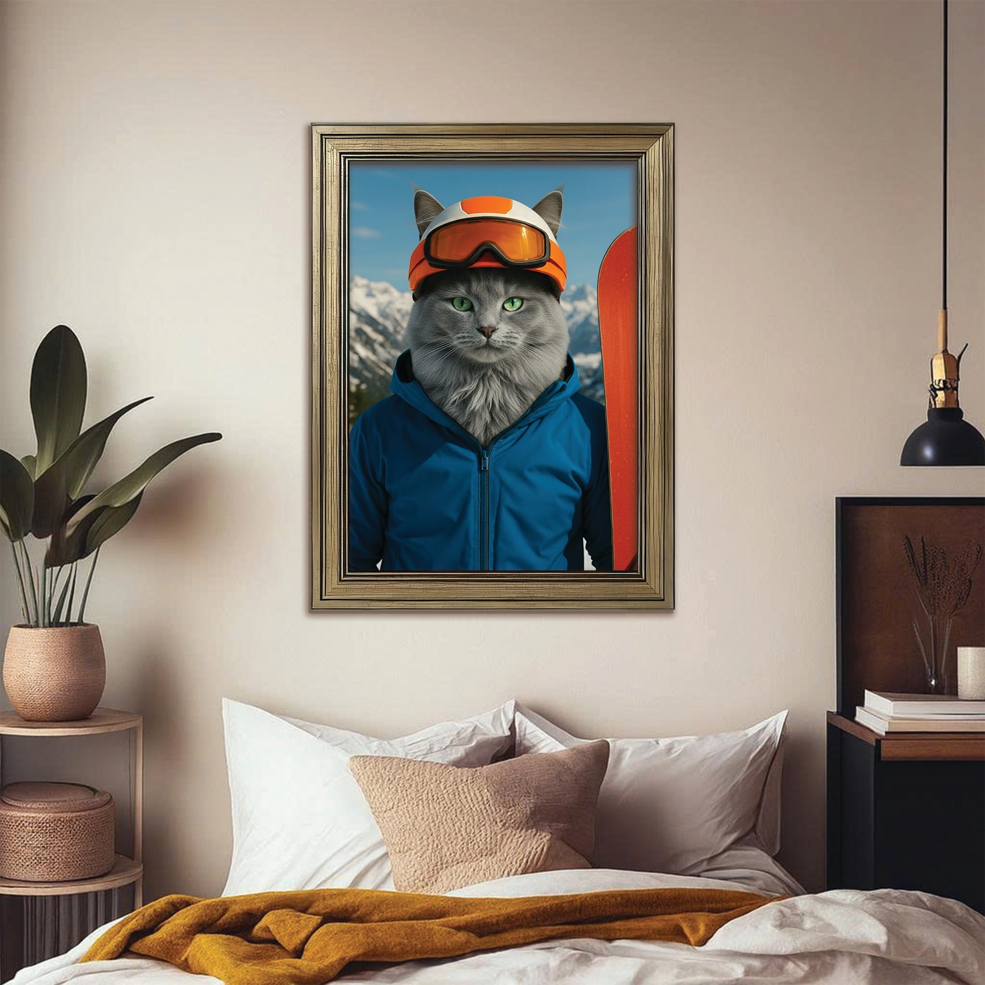 Custom Photo Snowboarder Cat Canvas Framed Wall Art Gift For Cat Lovers