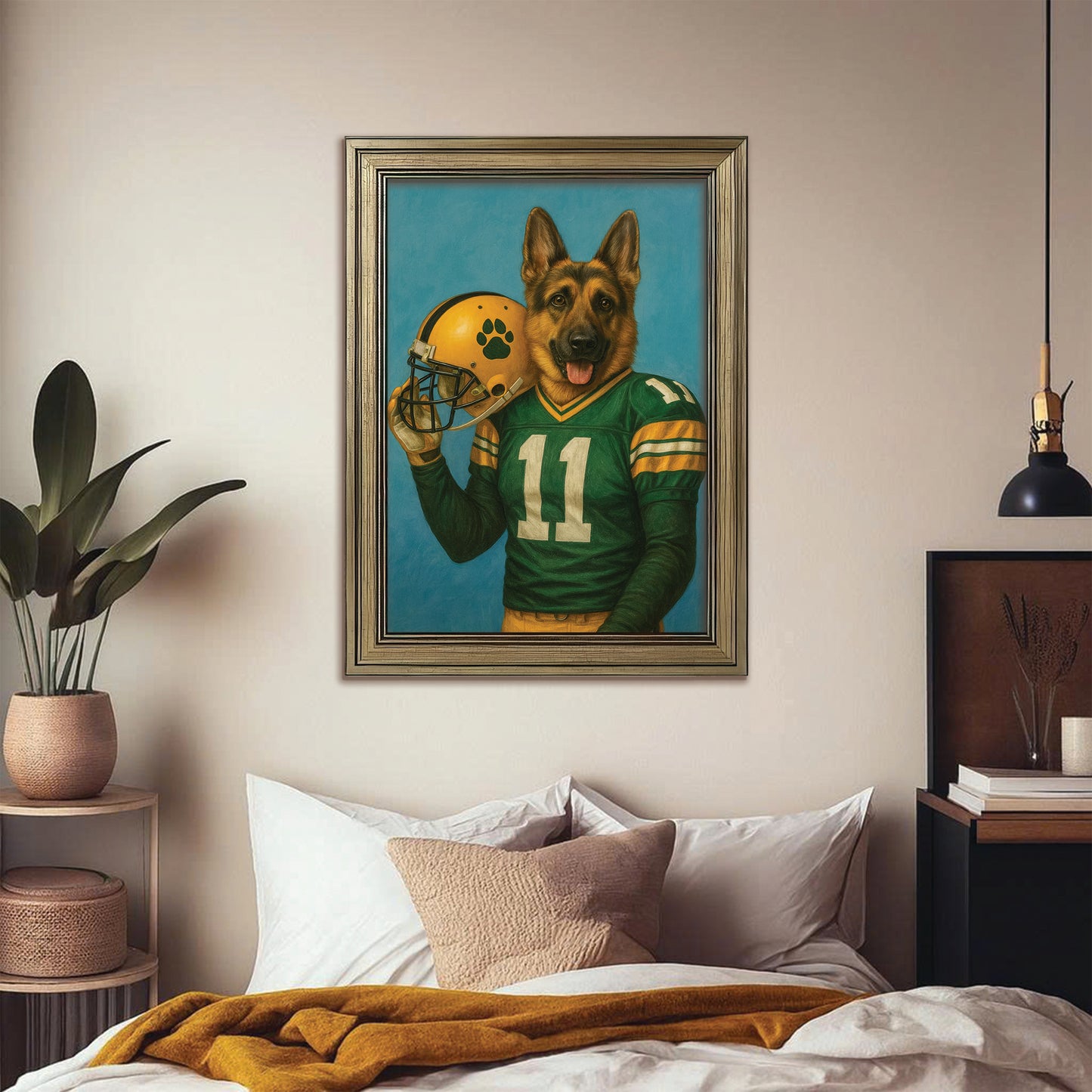 Custom Dog Photo Football Player Canvas Framed Wall Art