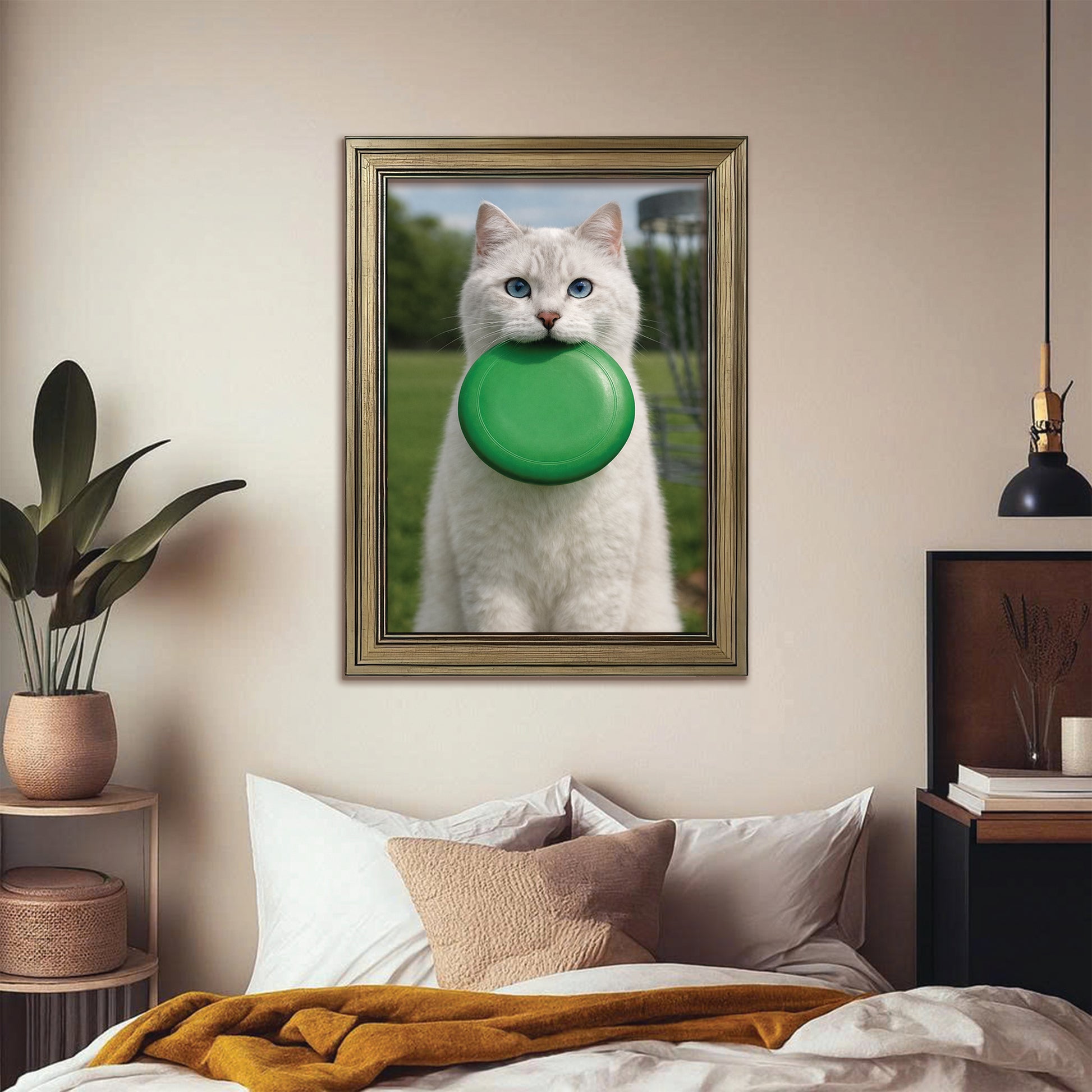 Custom Photo Disc Golf Cat Canvas Framed Wall Art  Gift For Cat Lovers