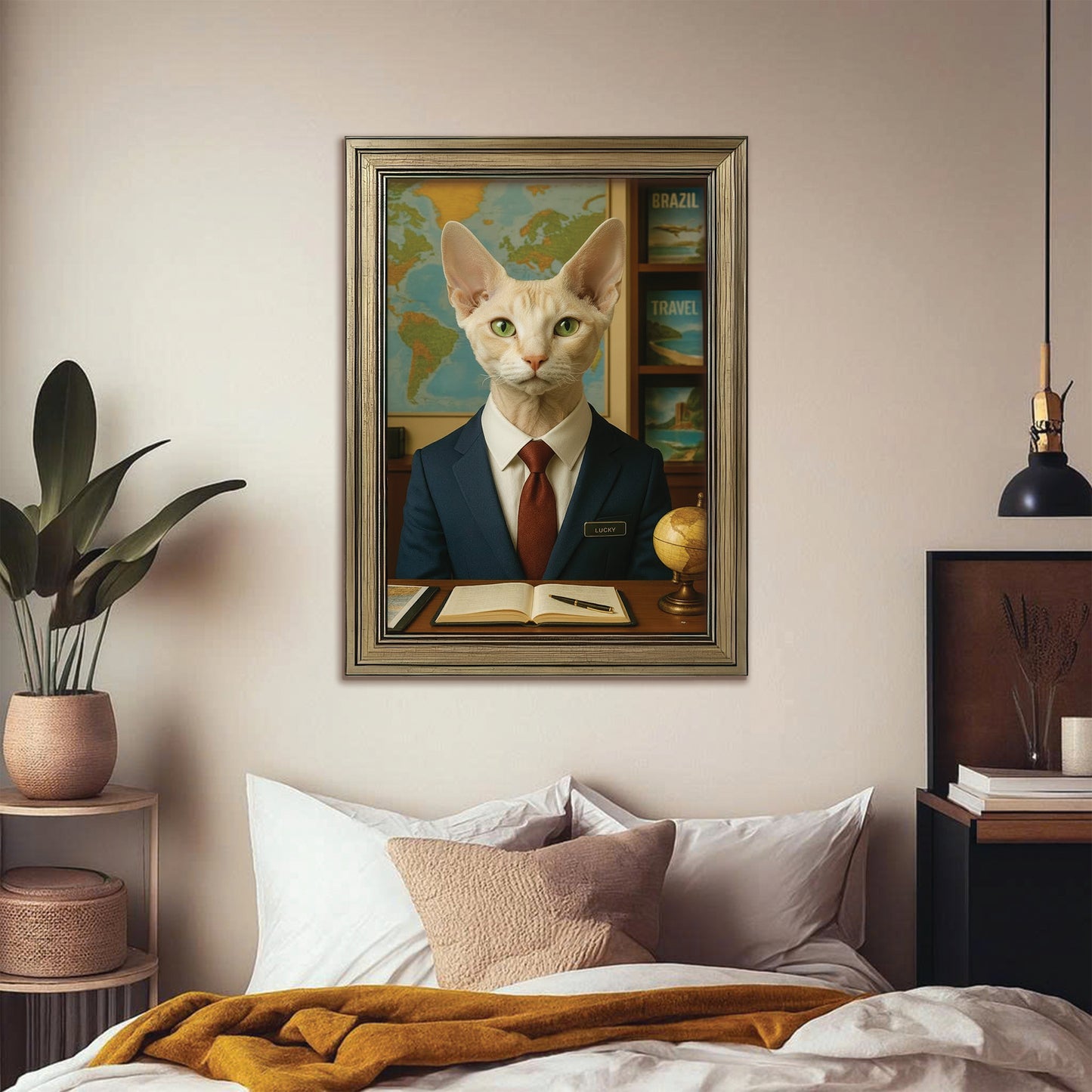 Custom Photo Travel Agent Cat Canvas Framed Wall Art Gift For Cat Lovers