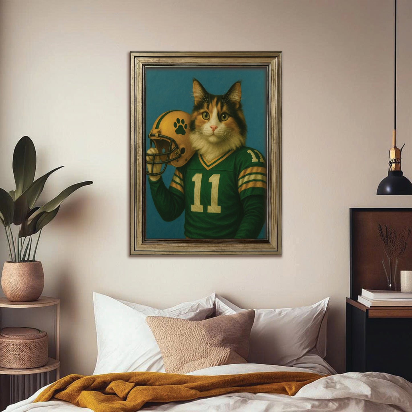 Custom Cat Photo Football Player Canvas Framed Wall Art