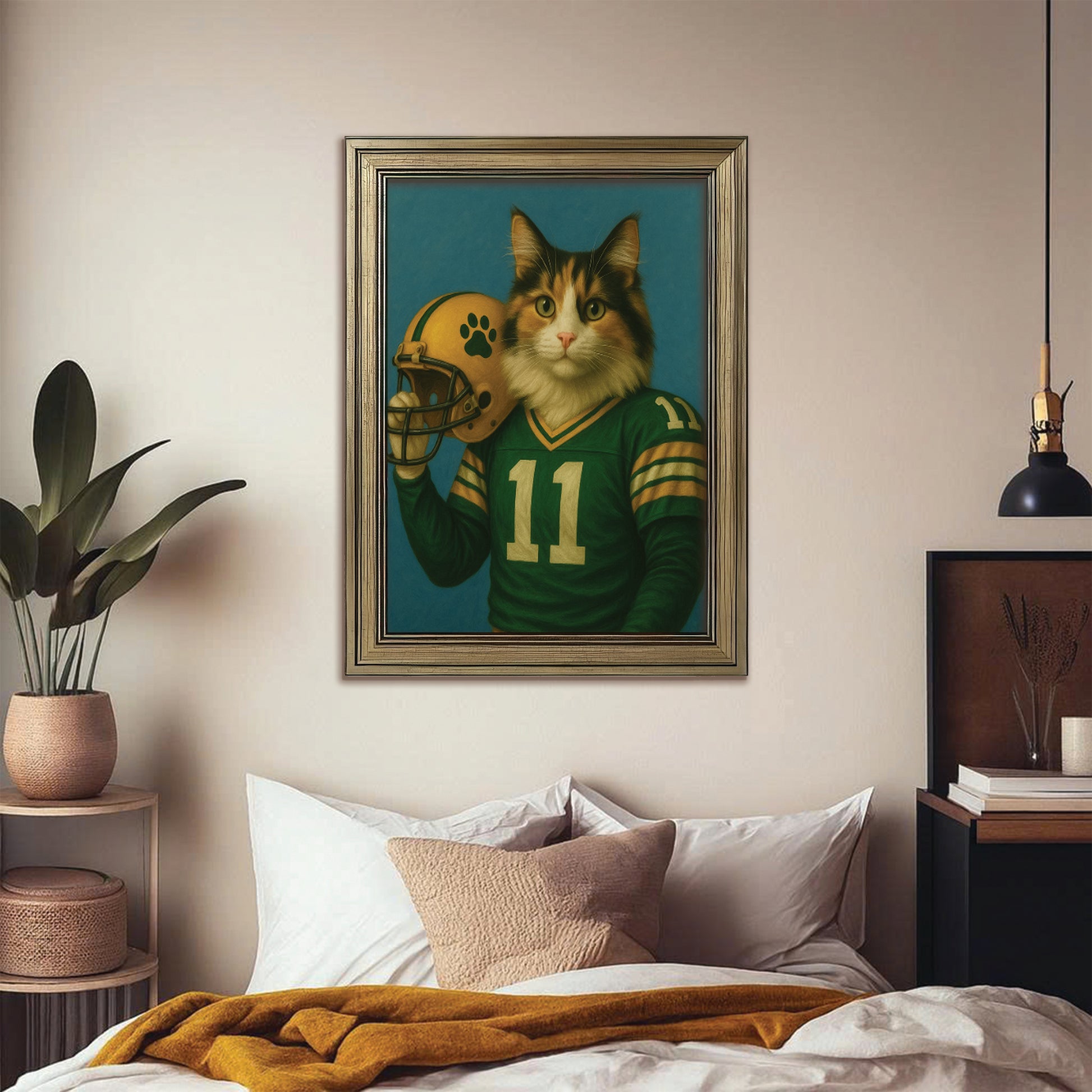 Custom Cat Photo Football Player Canvas Framed Wall Art