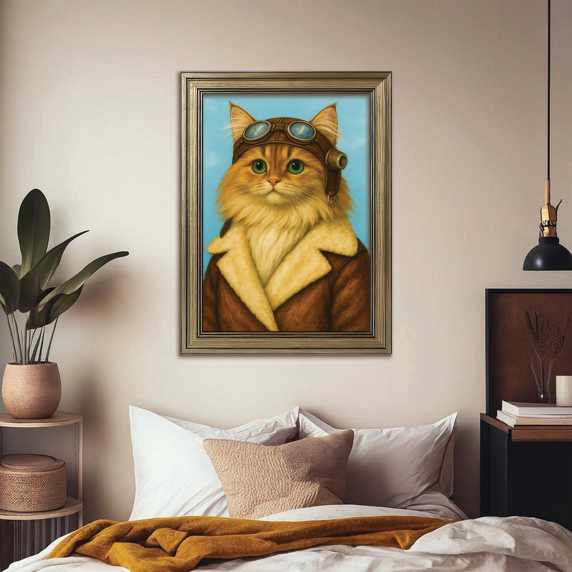 Custom Photo Portrait Pilot Canvas Framed Wall Art Gift For Cat Lovers