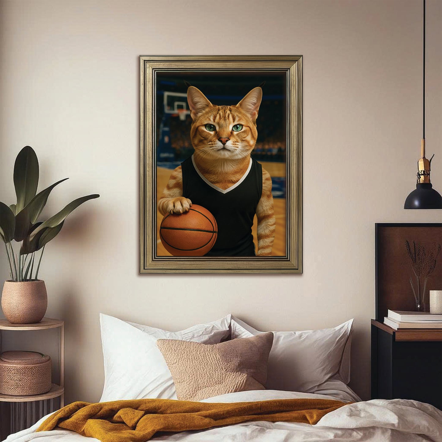 Custom Photo Basketball Player Cat Canvas Framed Wall Art Gift For Cat Lovers