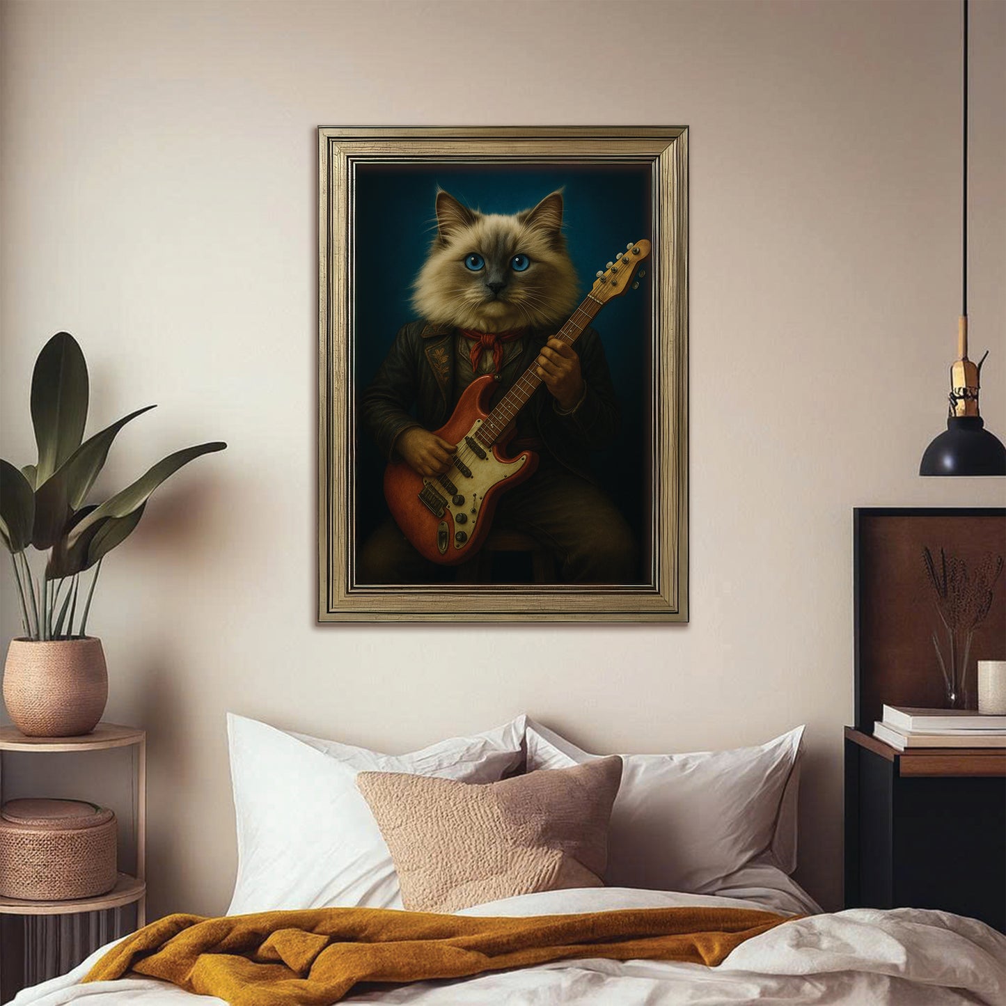 Custom Photo Cat Rock n Roll Canvas Framed Wall Art Gift For Cat Lovers