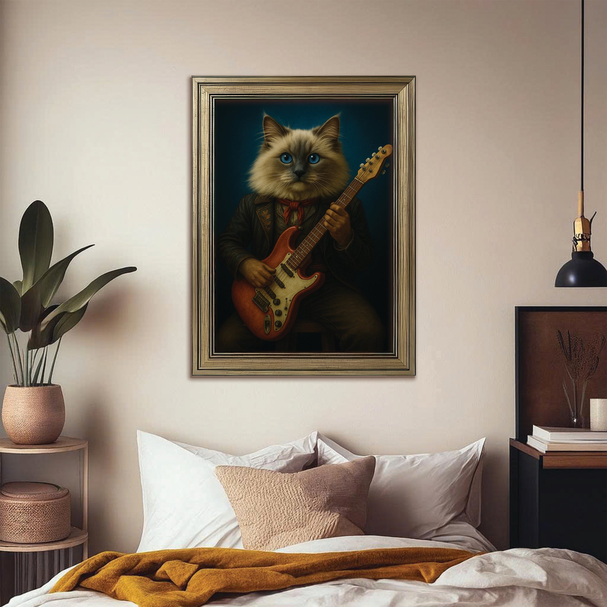 Custom Photo Cat Rock n Roll Canvas Framed Wall Art Gift For Cat Lovers