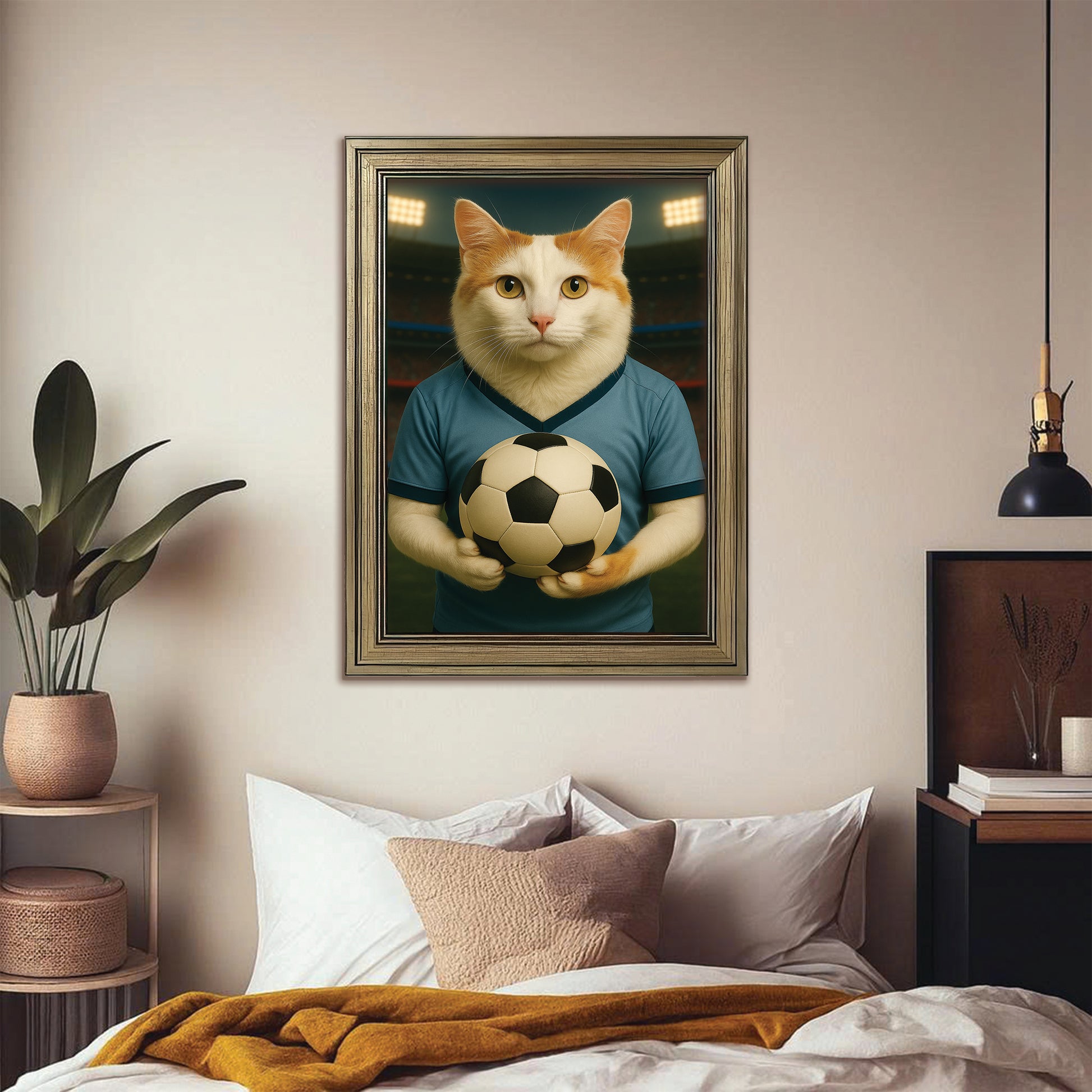Custom Photo Soccer Cat Canvas Framed Wall Art Gift For Cat Lovers