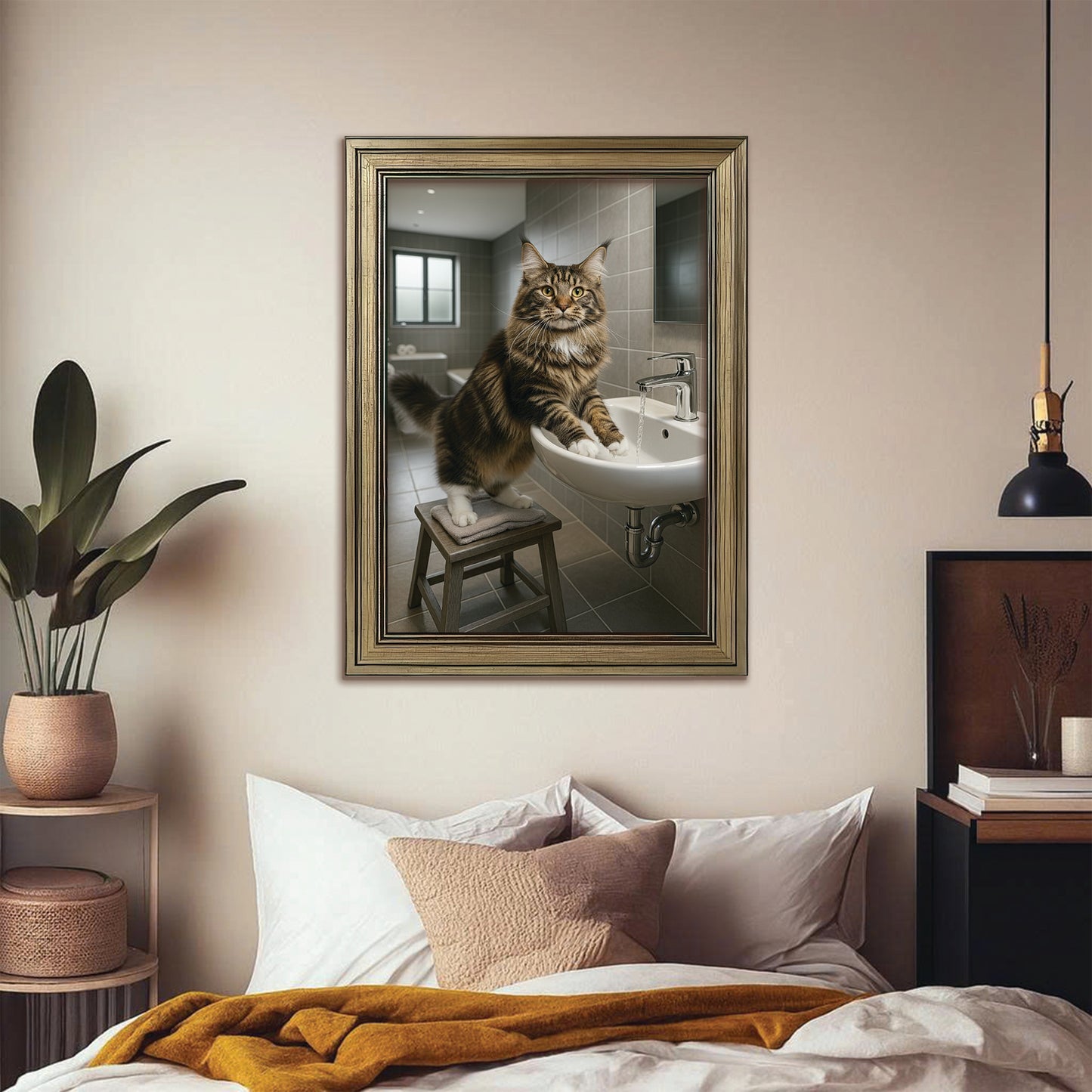 Custom Photo Cat In Bathroom Style 1 Canvas Framed Wall Art Gift For Cat Lovers