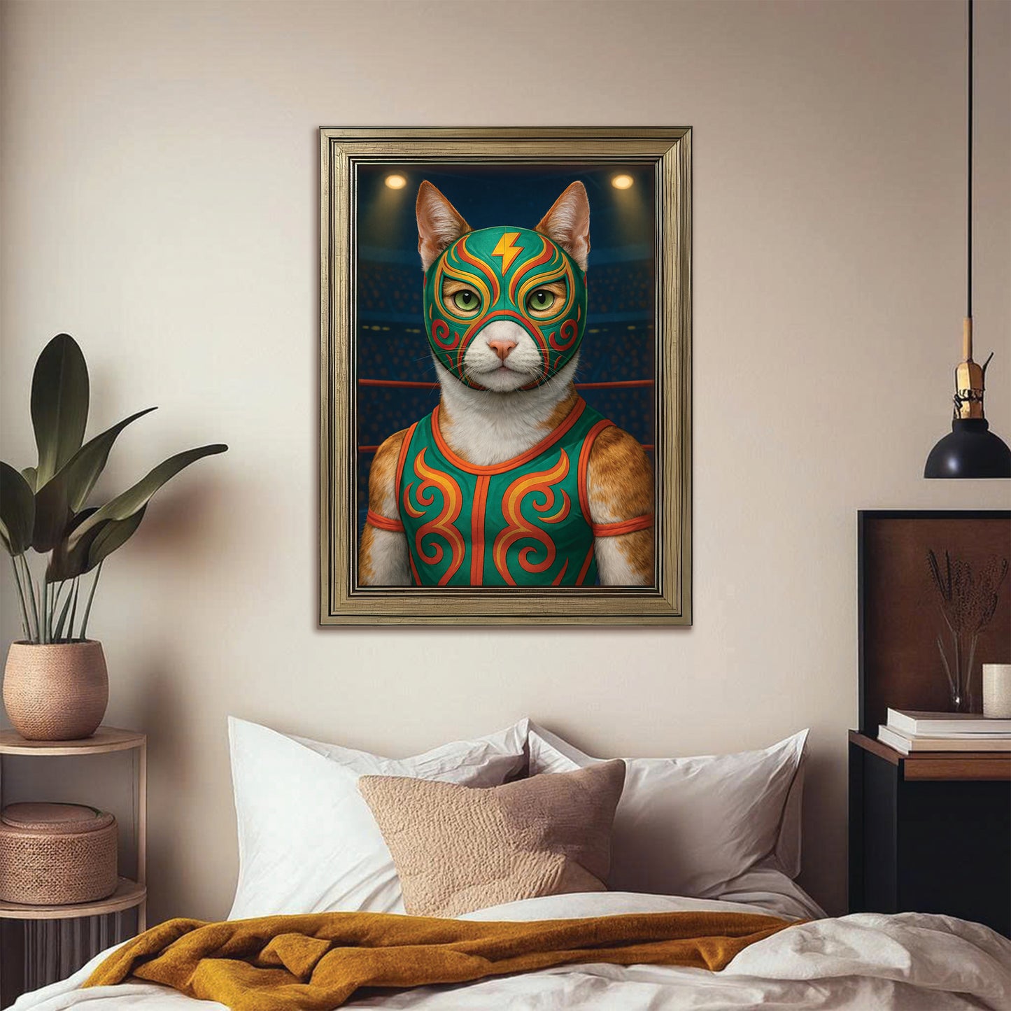 Custom Photo Lucha Libre Wrestler Mask Cat Canvas Framed Wall Art Gift For Cat Lovers