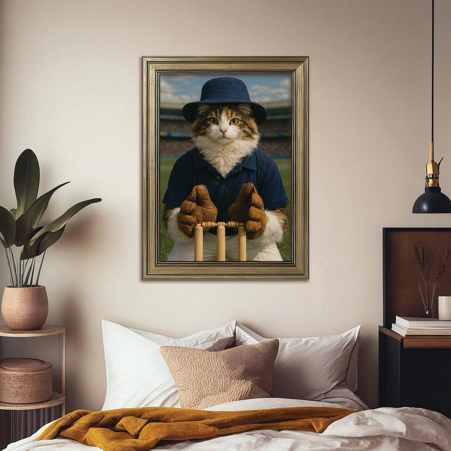 Custom Photo Cricket Player Cat Canvas Framed Wall Art Gift For Cat Lovers