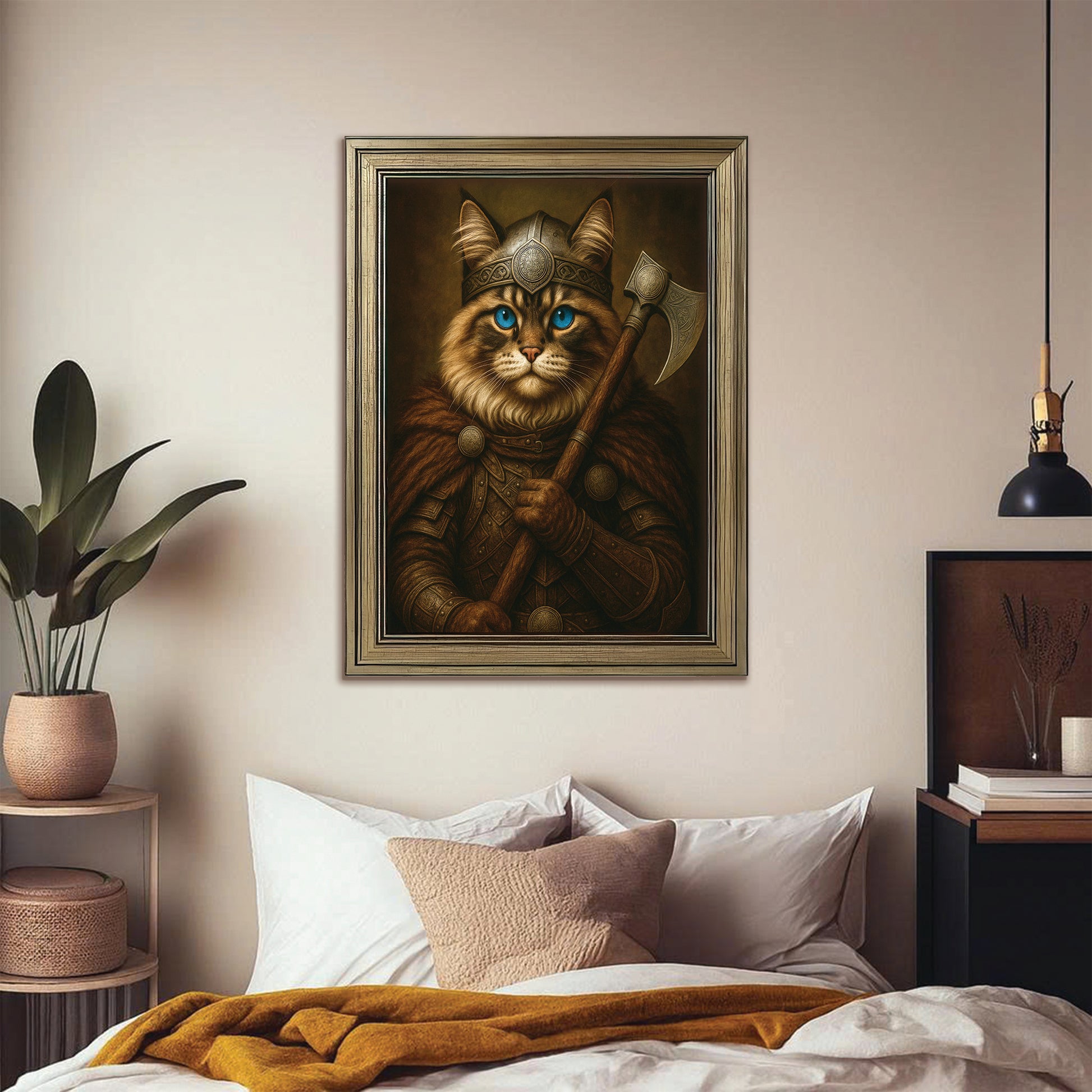 Custom Cat Photo Viking Warrior Canvas Framed Wall Art _ Gift For Cat