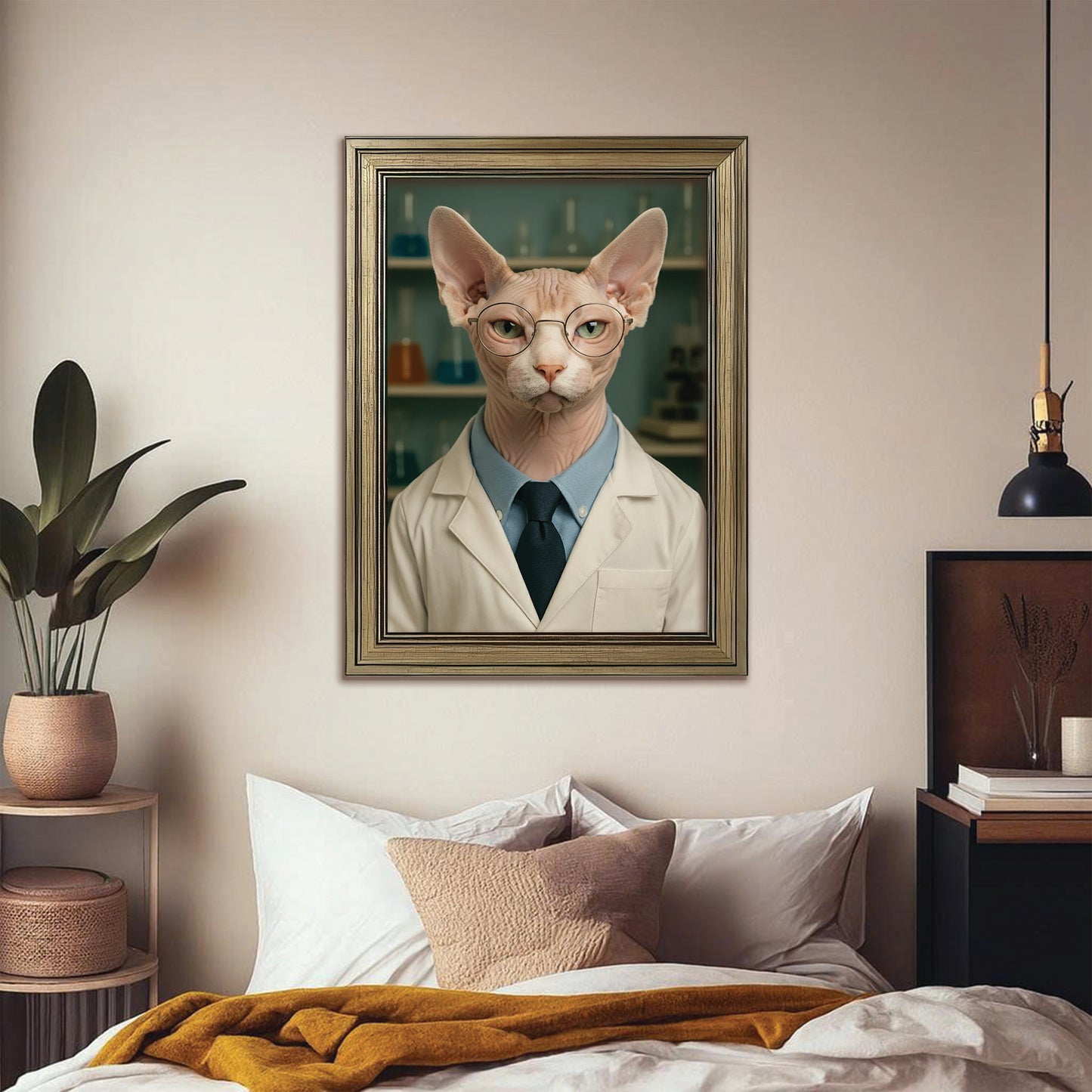 Custom Photo Scientist Cat Canvas Framed Wall Art Gift For Cat Lovers