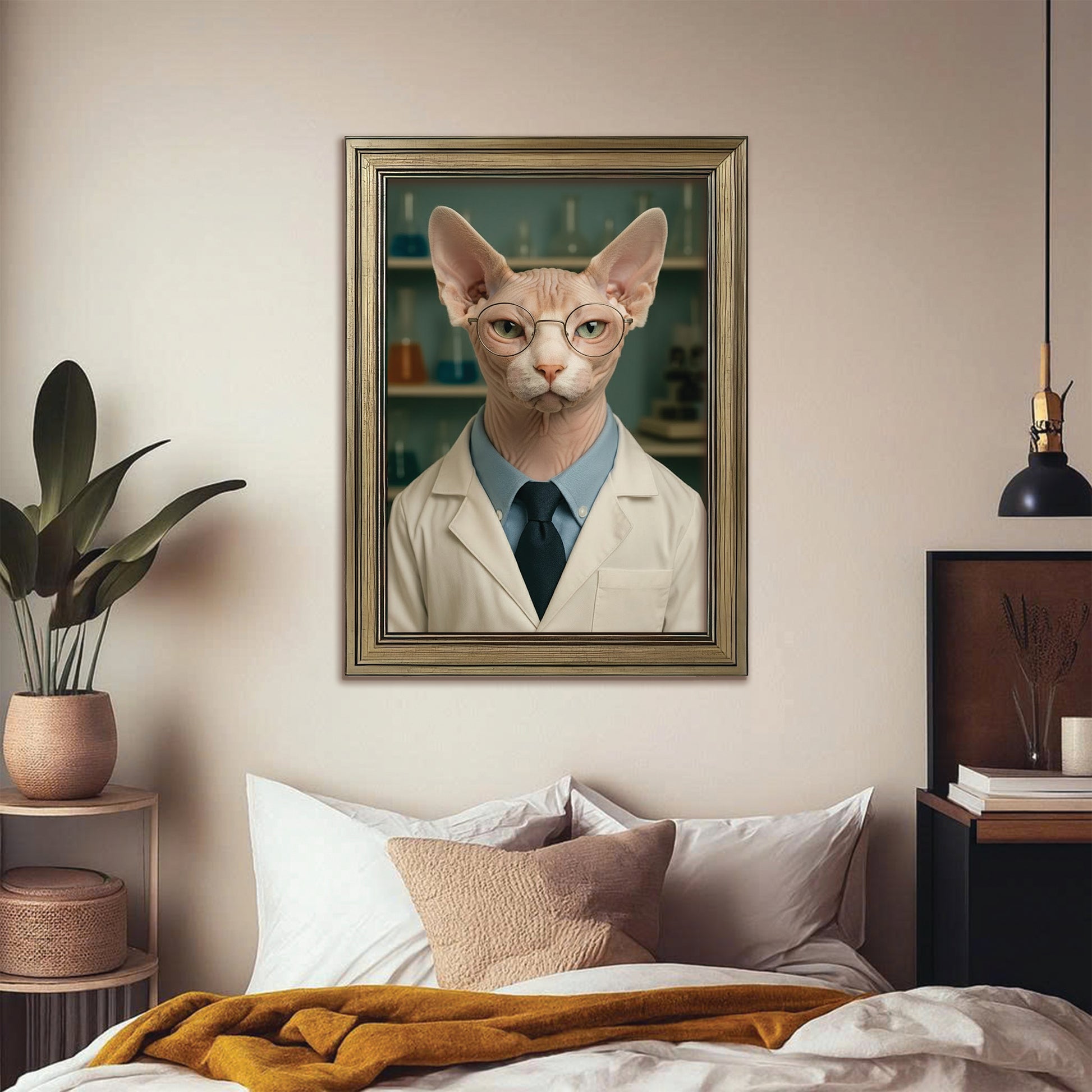Custom Photo Scientist Cat Canvas Framed Wall Art Gift For Cat Lovers