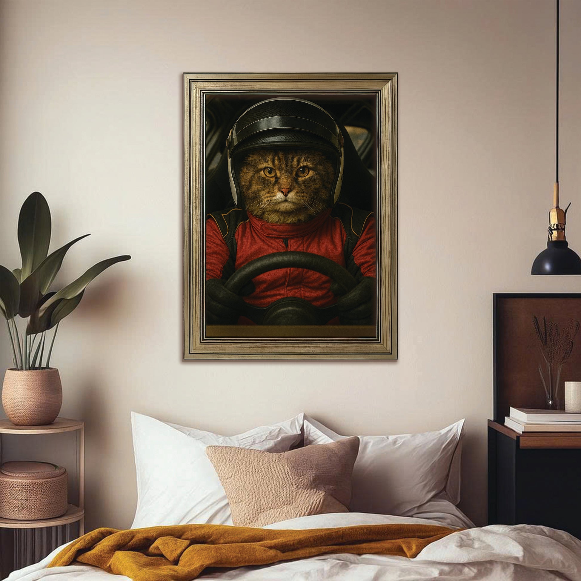 Custom Photo Racing Driver Cat Canvas Framed Wall Art Gift For Cat Lovers