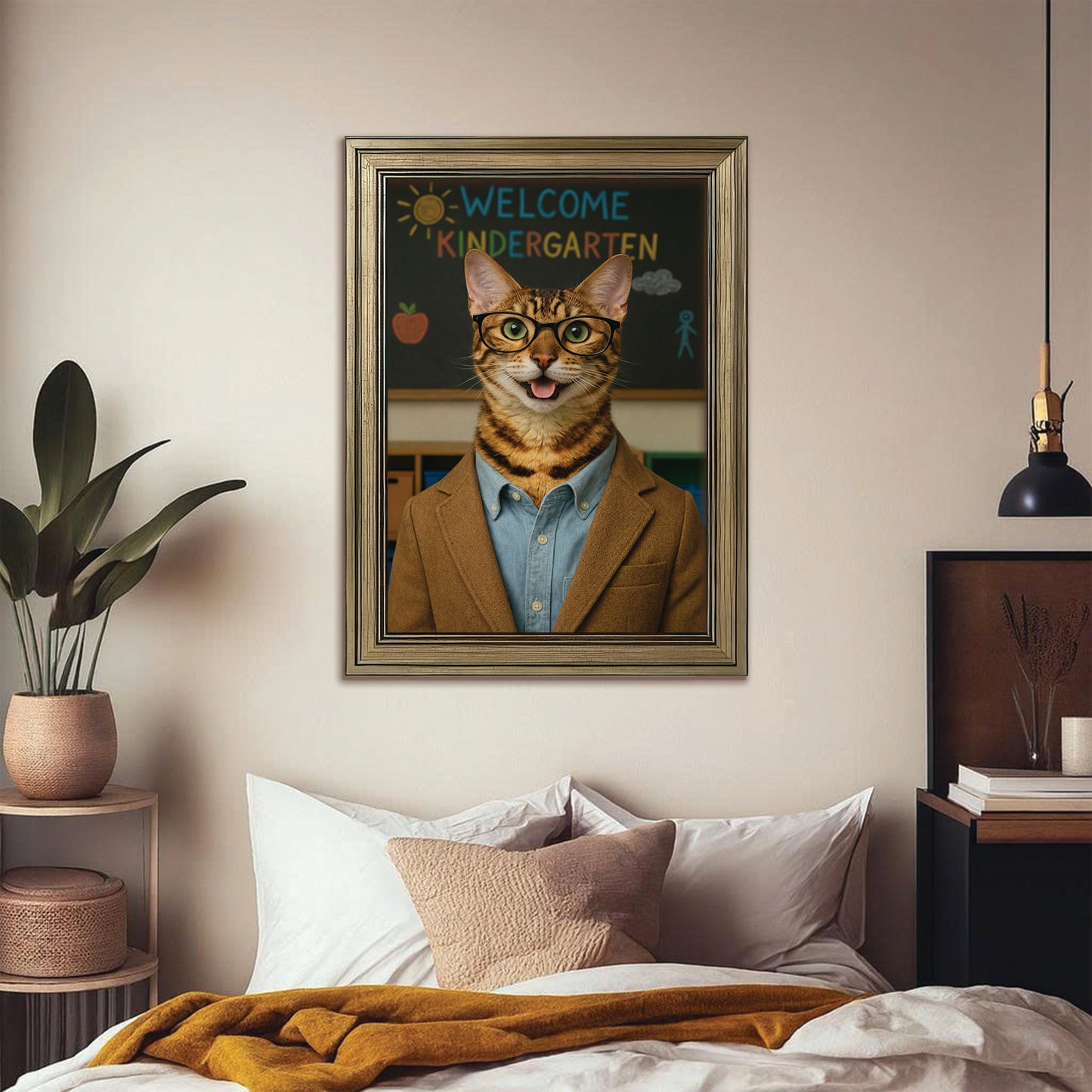 Custom Photo Kindergarten Teacher Canvas Framed Wall Art  Gift For Cat Lovers