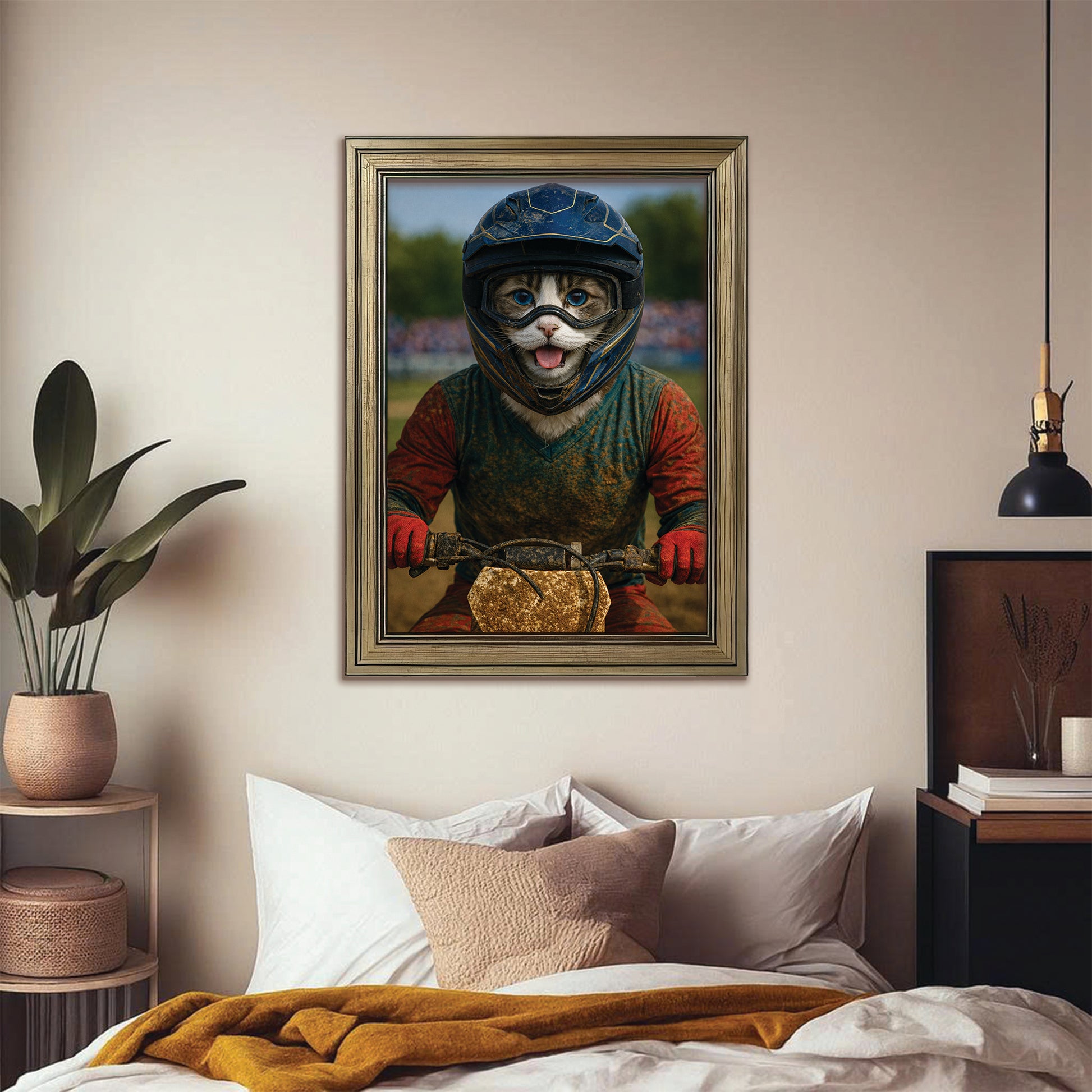 Custom Photo Dirt Bike Cat Canvas Framed Wall Art  Gift For Cat Lovers