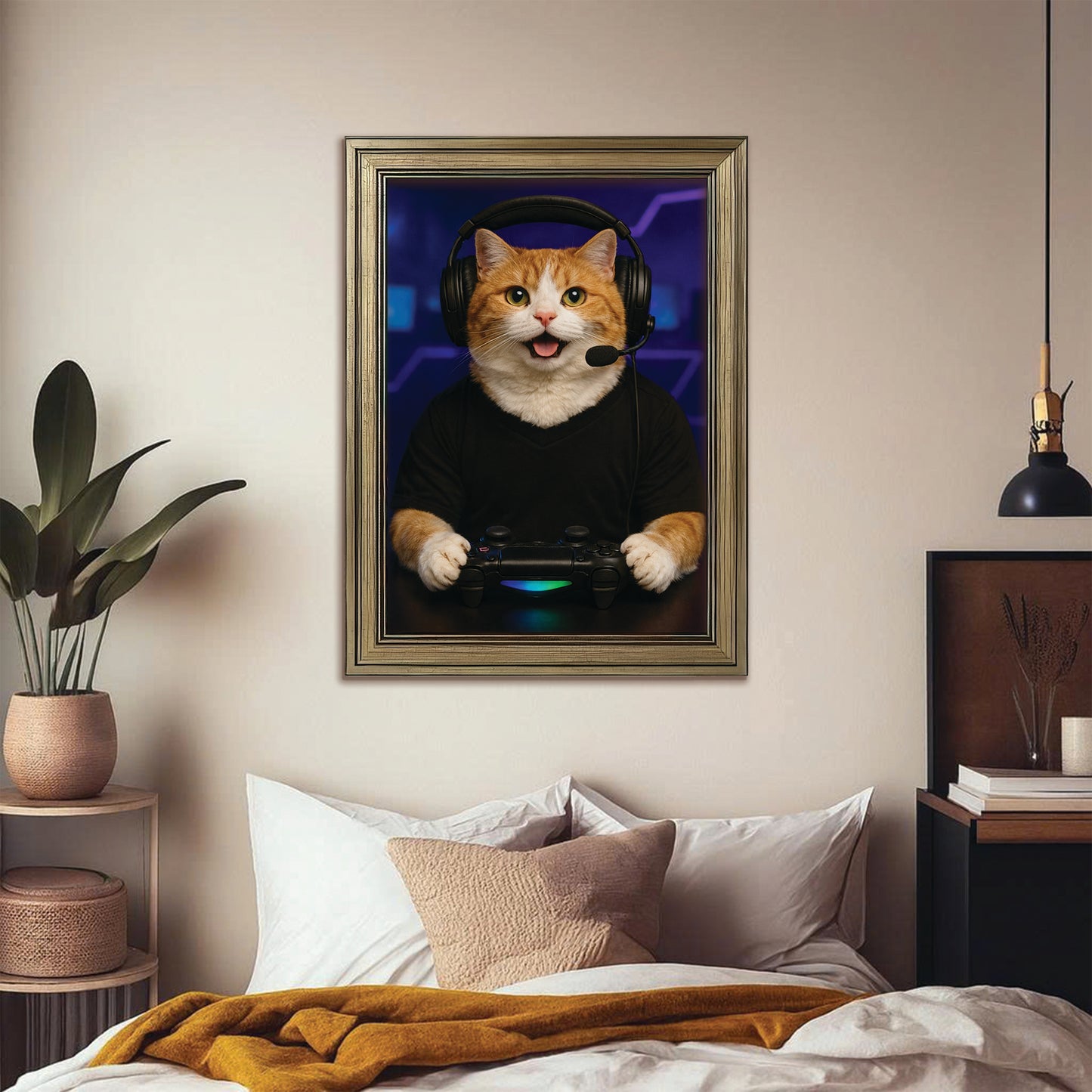 Custom Photo Gamer Cat Canvas Framed Wall Art  Gift For Cat Lovers