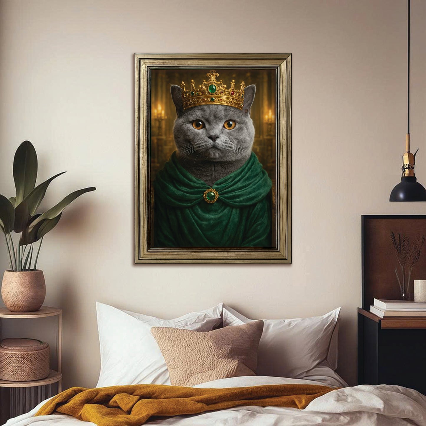 Custom Photo Royal King Queen Cat Canvas Framed Wall Art Gift For Cat Lovers