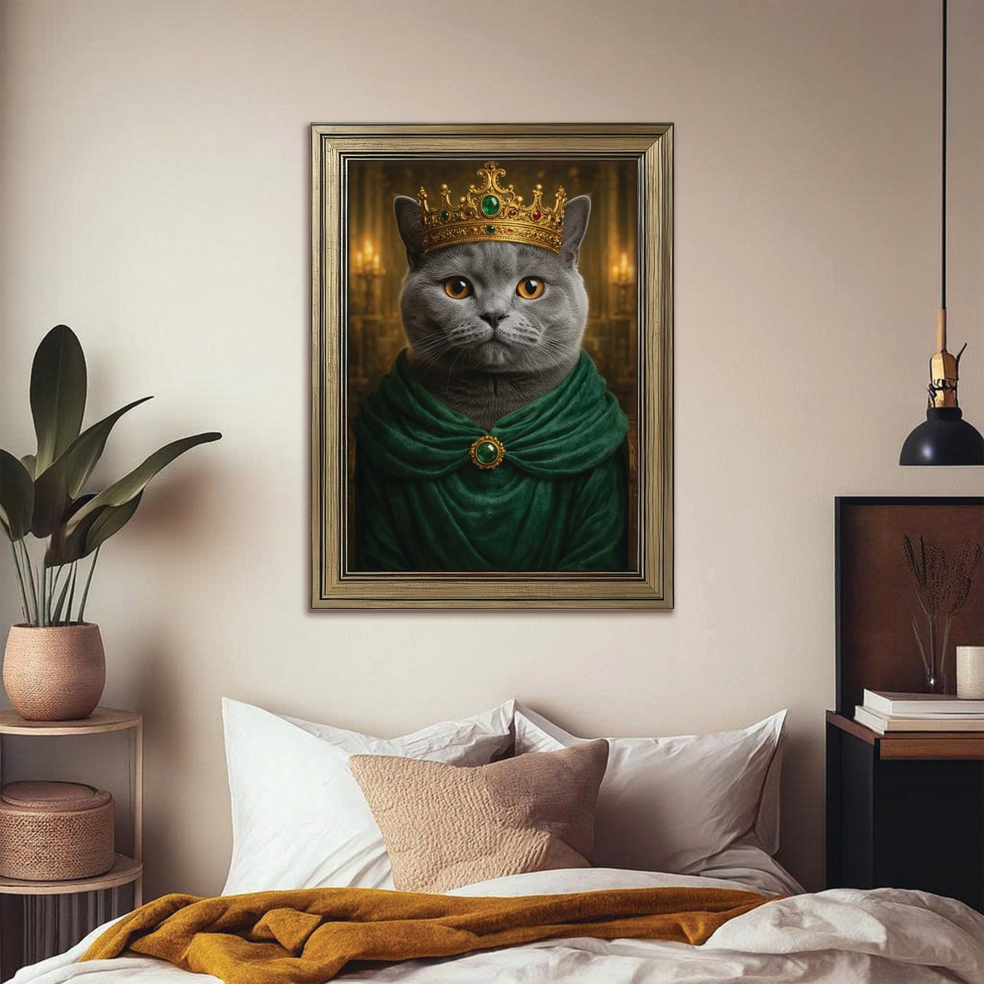 Custom Photo Royal King Queen Cat Canvas Framed Wall Art Gift For Cat Lovers
