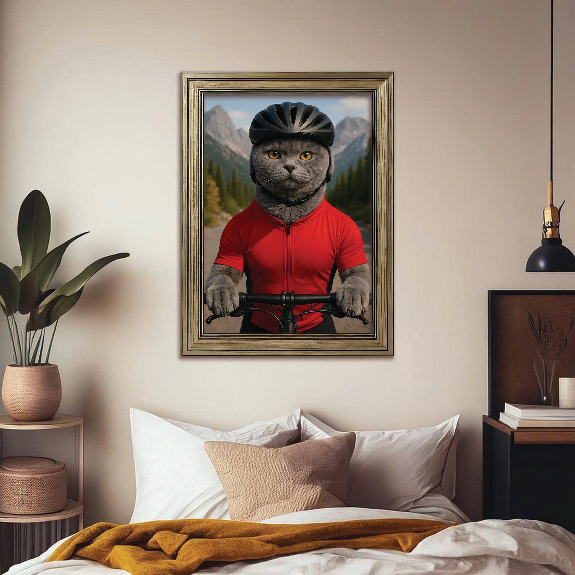 Custom Photo Cyclist Dart Bike Cat Canvas Framed Wall Art Gift For Cat Lovers