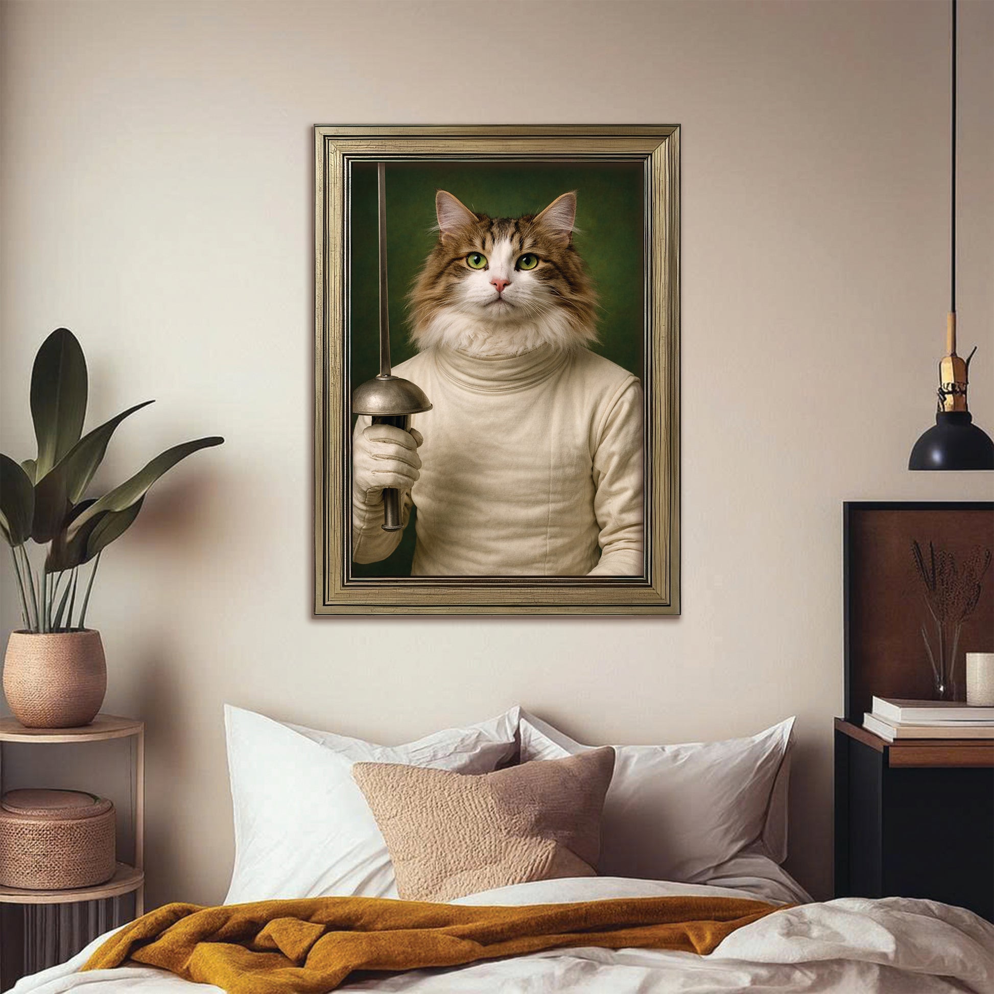Custom Photo Fencer Cat Canvas Framed Wall Art  Gift For Cat Lovers