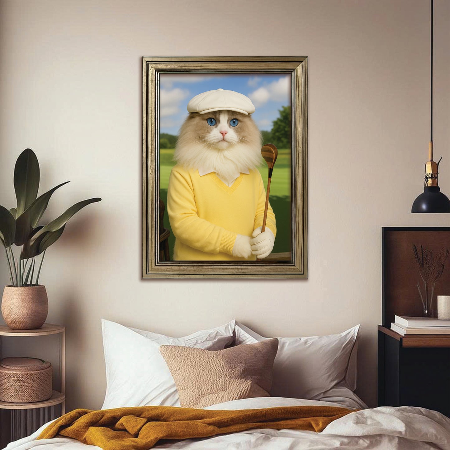 Custom Photo Golfer Cat Canvas Framed Wall Art Gift For Cat Lovers