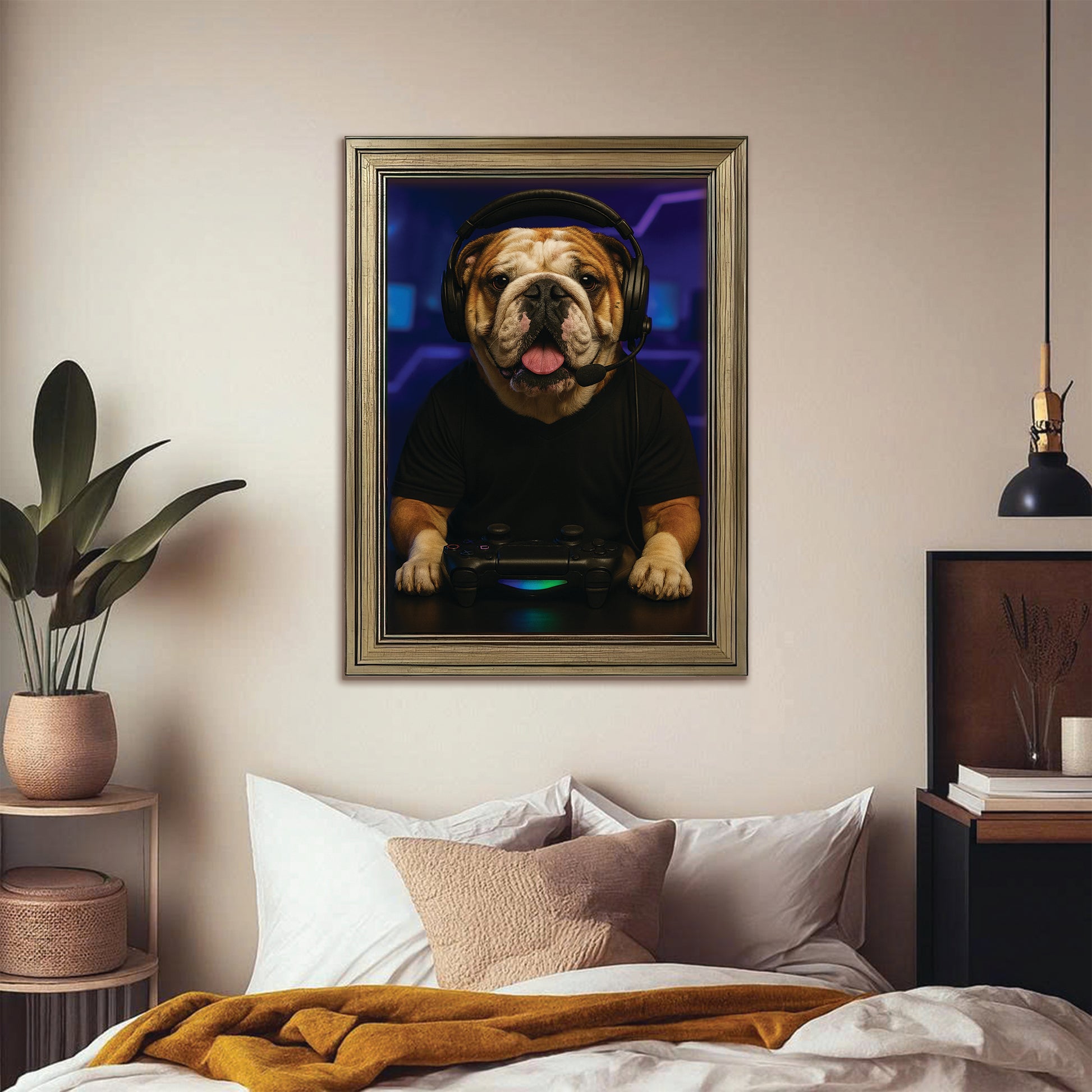 Custom Photo Gamer Dog Canvas Framed Wall Art Gift For Dog Lovers