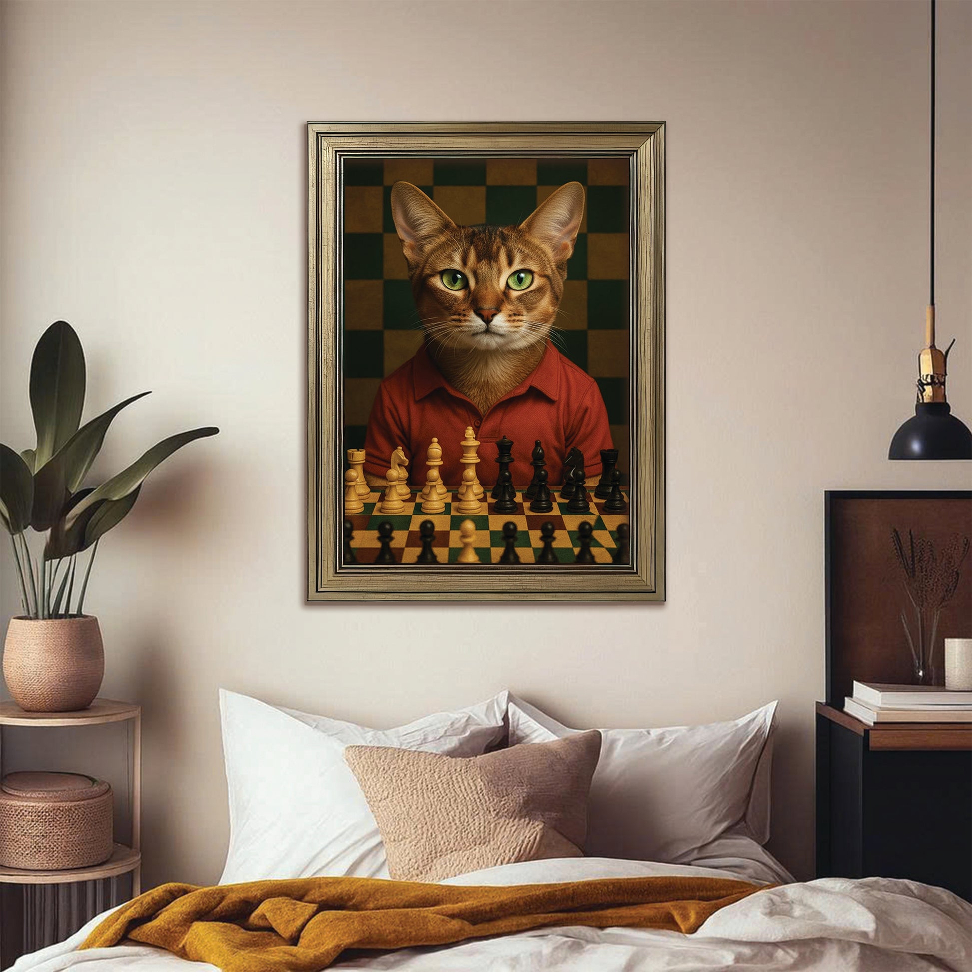 Custom Photo Chess Cat Canvas Framed Wall Art Gift For Cat Lovers