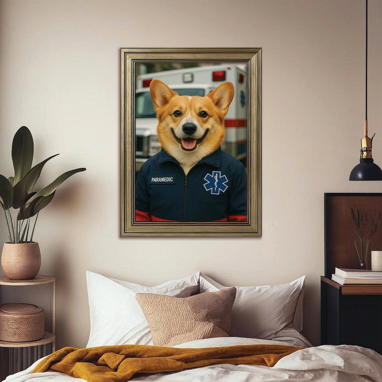 Custom Photo Paramedic Emt Dog Canvas Framed Wall Art Gift For Dog Lovers