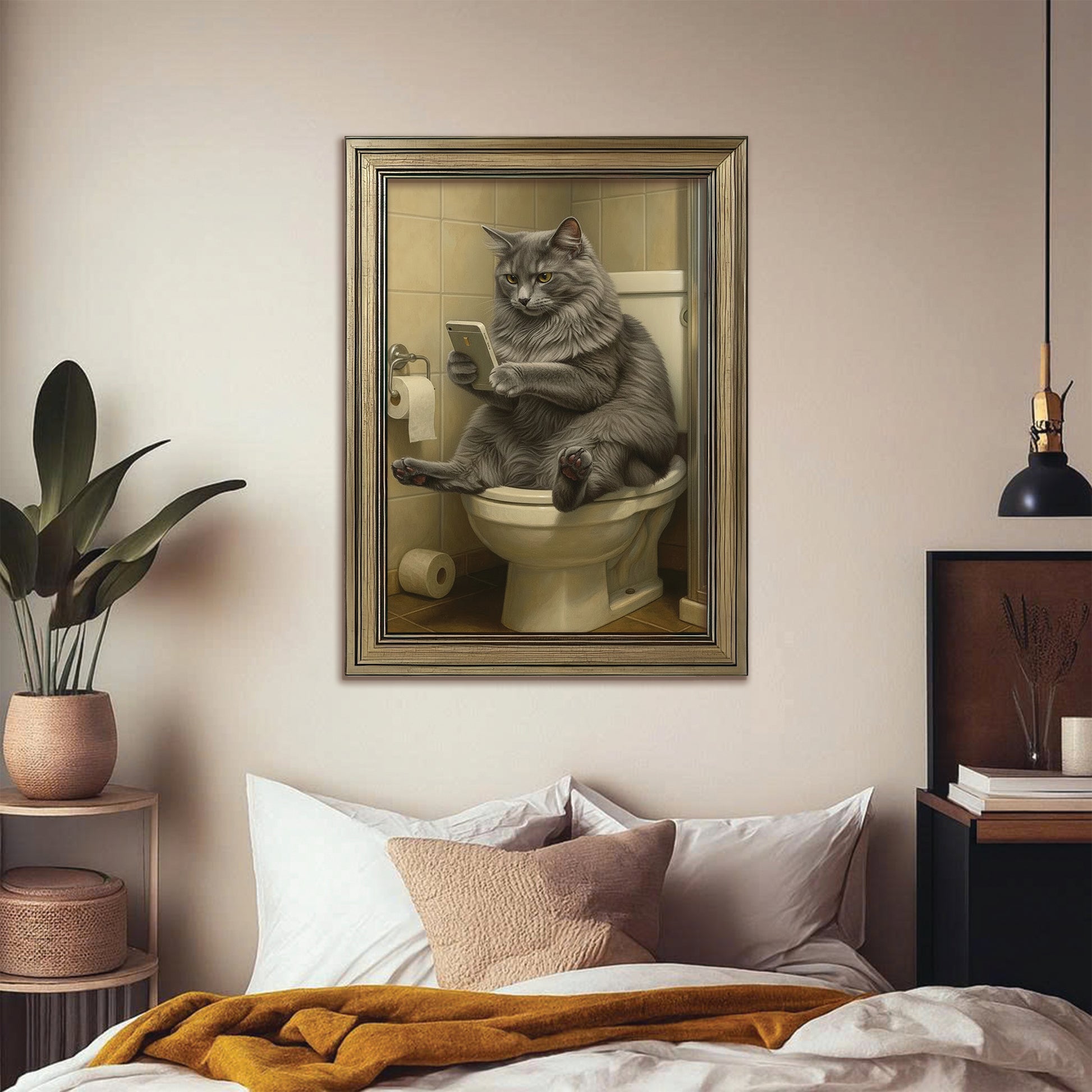 Custom Photo Cat Bathroom Style 3 Canvas Framed Wall Art Gift For Cat Lovers