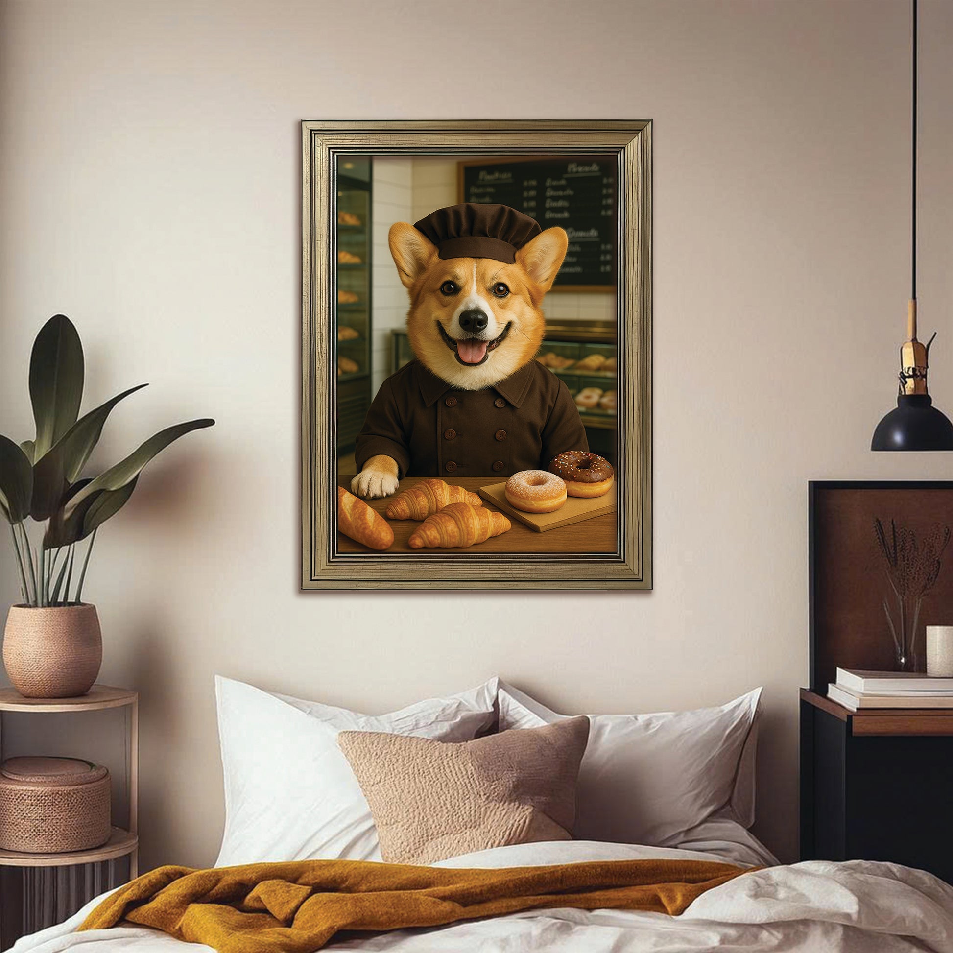 Custom Photo Baker Corgi Dog Canvas Framed Wall Art Gift For Dog Lovers