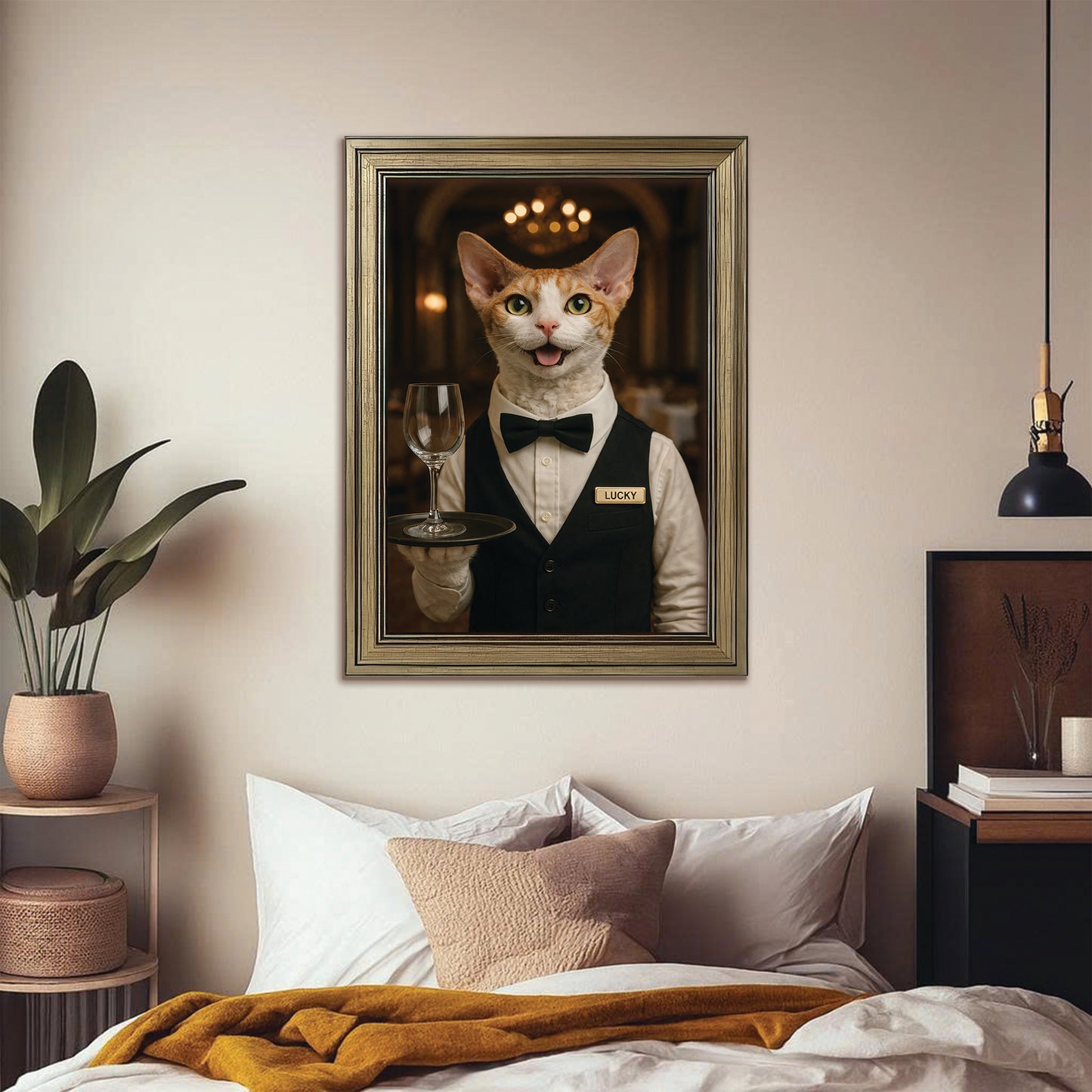 Custom Photo Cat Waiter Restaurant Canvas Framed Wall Art  Gift For Cat Lovers