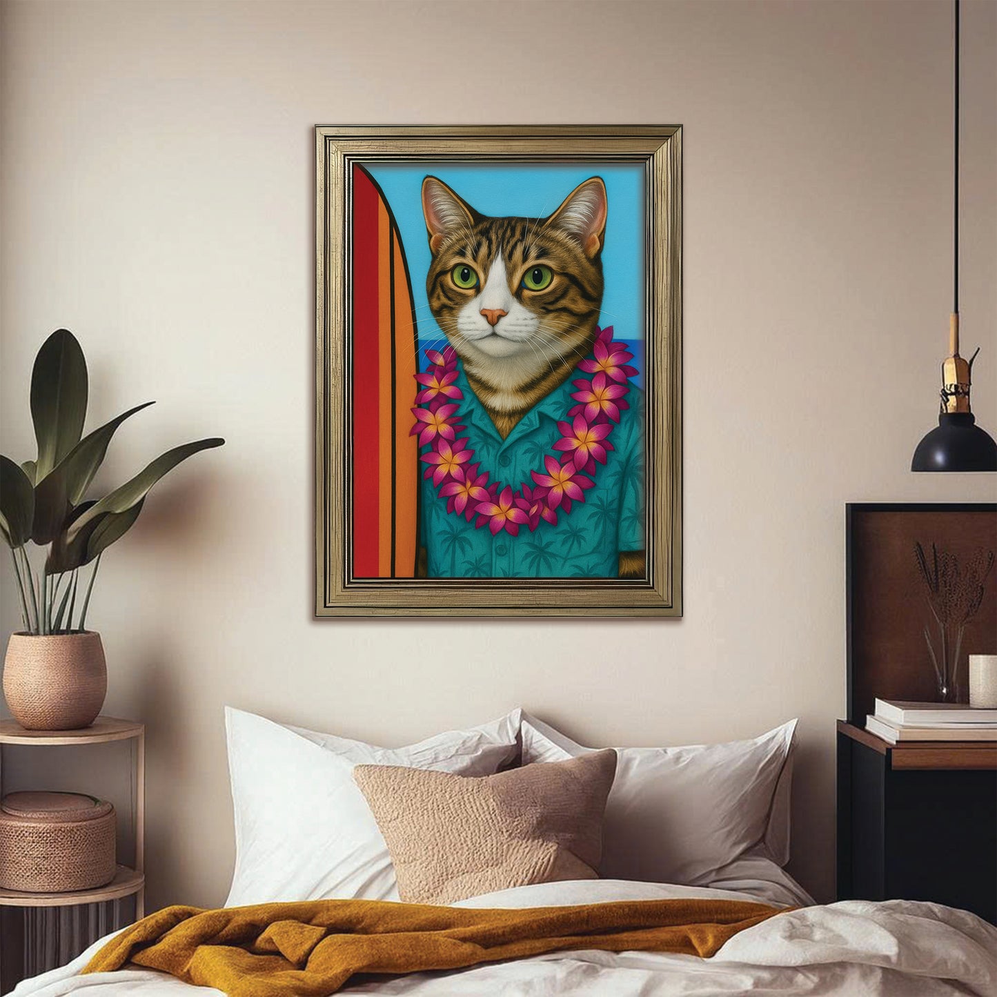 Custom Photo Surfer Cat Canvas Framed Wall Art Gift For Cat Lovers