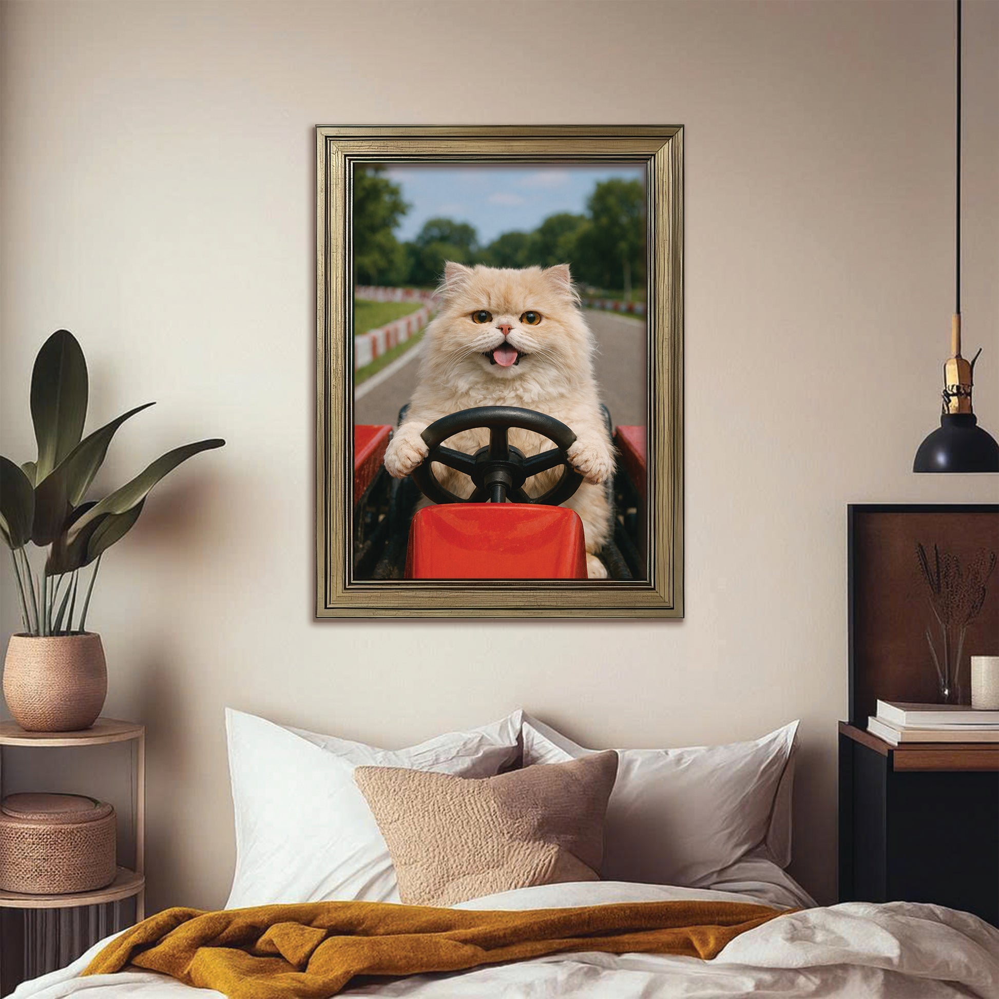 Custom Photo Cat Go Kart Canvas Framed Wall Art  Gift For Cat Lovers