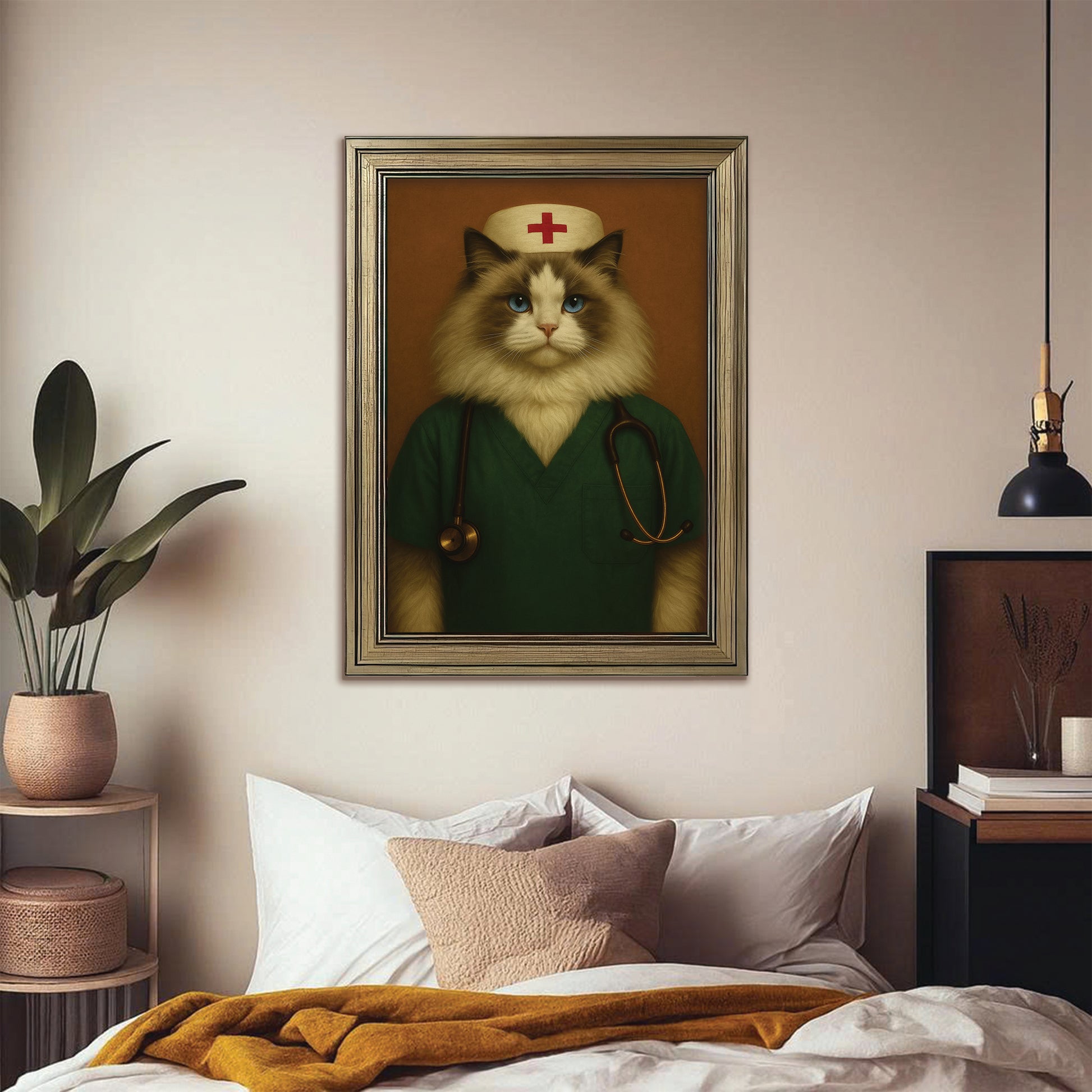 Custom Photo Nurse Cat Canvas Framed Wall Art Gift For Cat Lovers