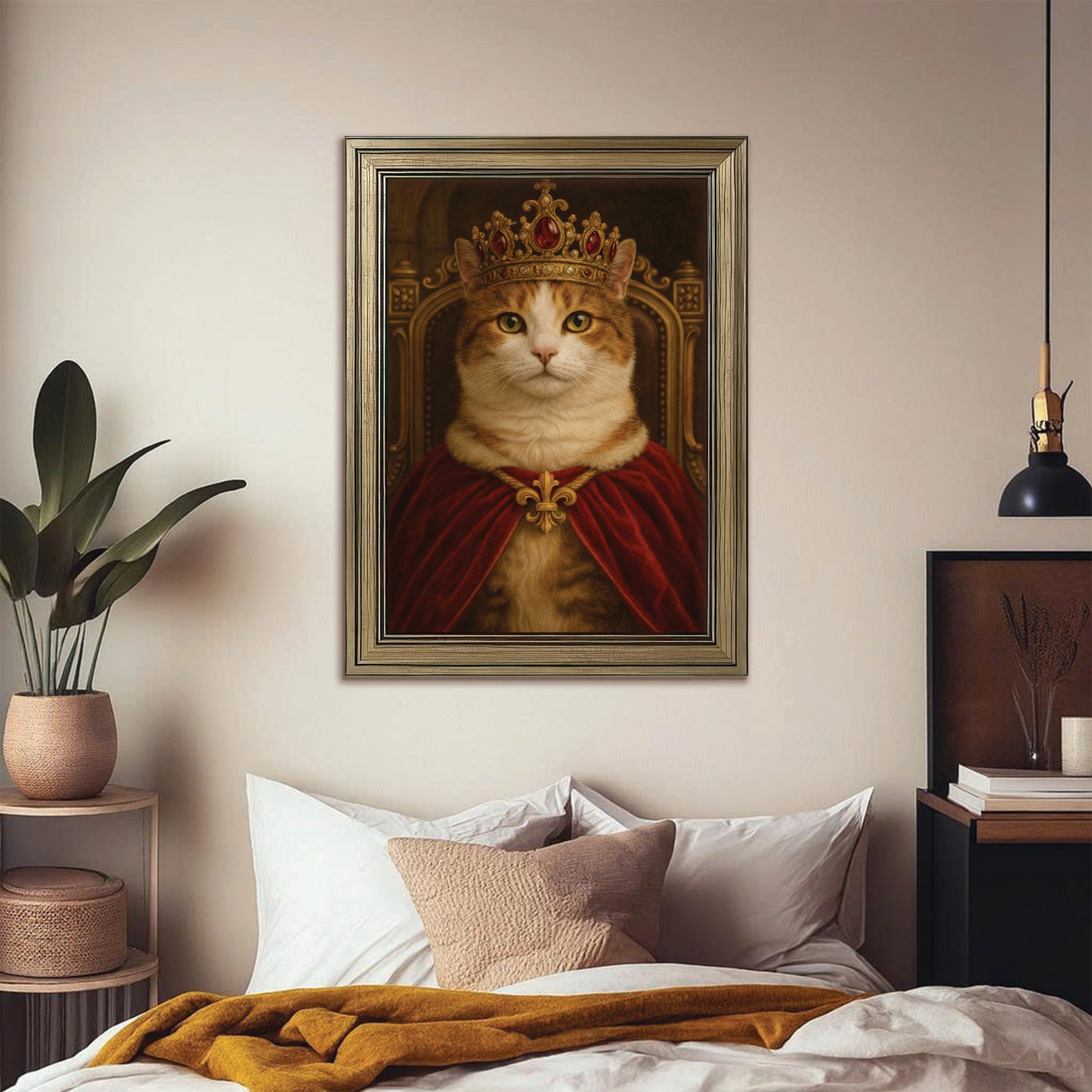Custom Photo Royal Cat Potrait Canvas Framed Wall Art Gift For Cat Lovers