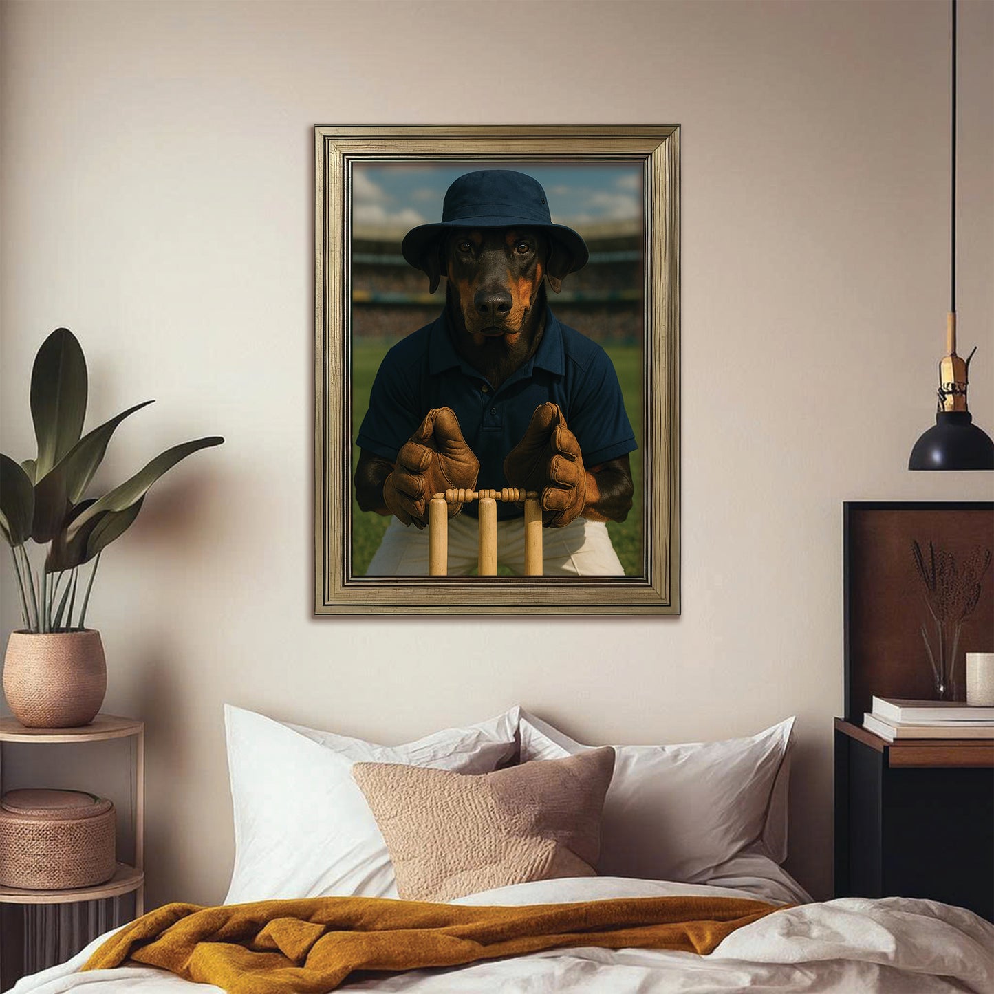 Custom Photo Cricket Player Dog Canvas Framed Wall Art Gift For Dog Lovers