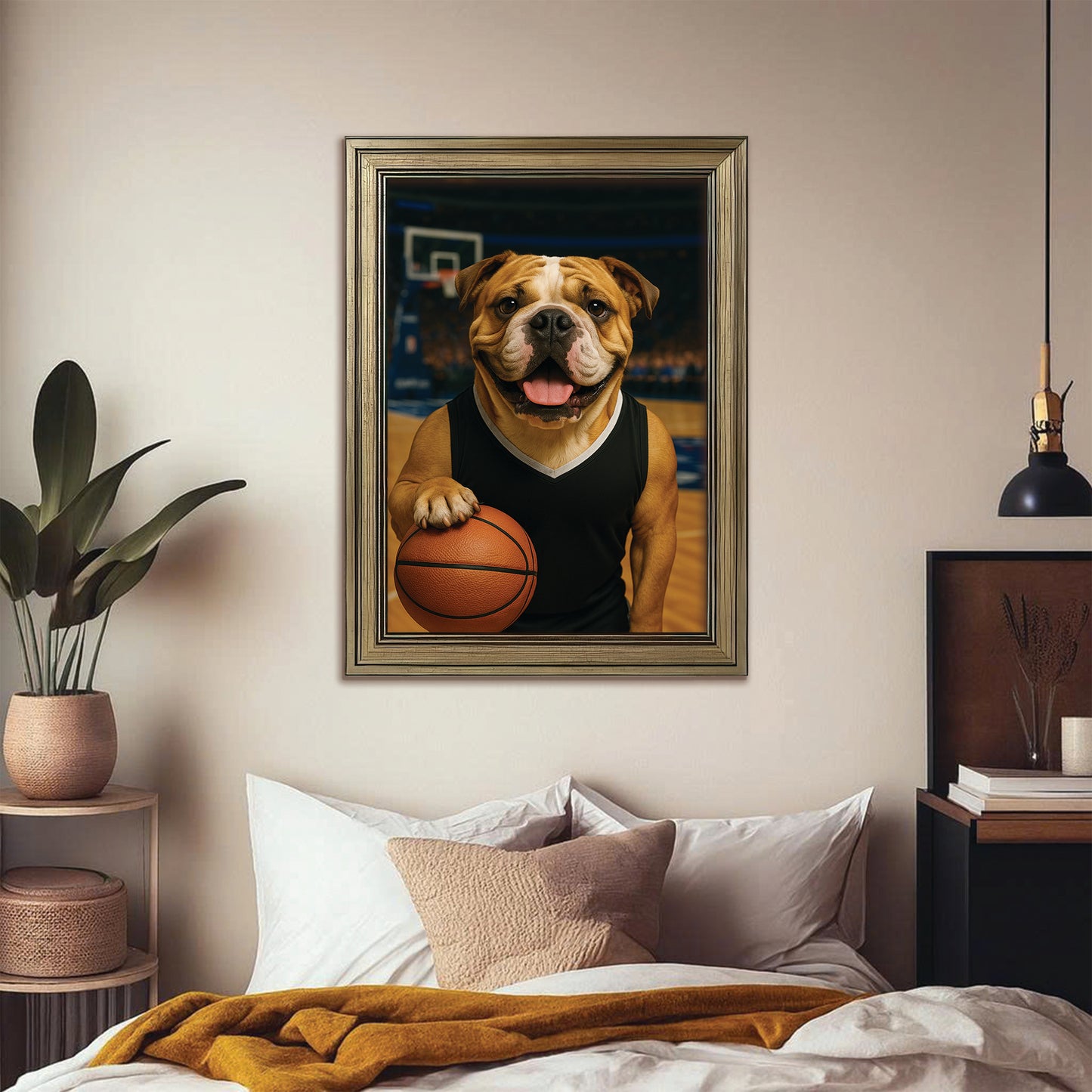 Custom Photo Basketball Player Dog Canvas Framed Wall Art Gift For Dog Lovers
