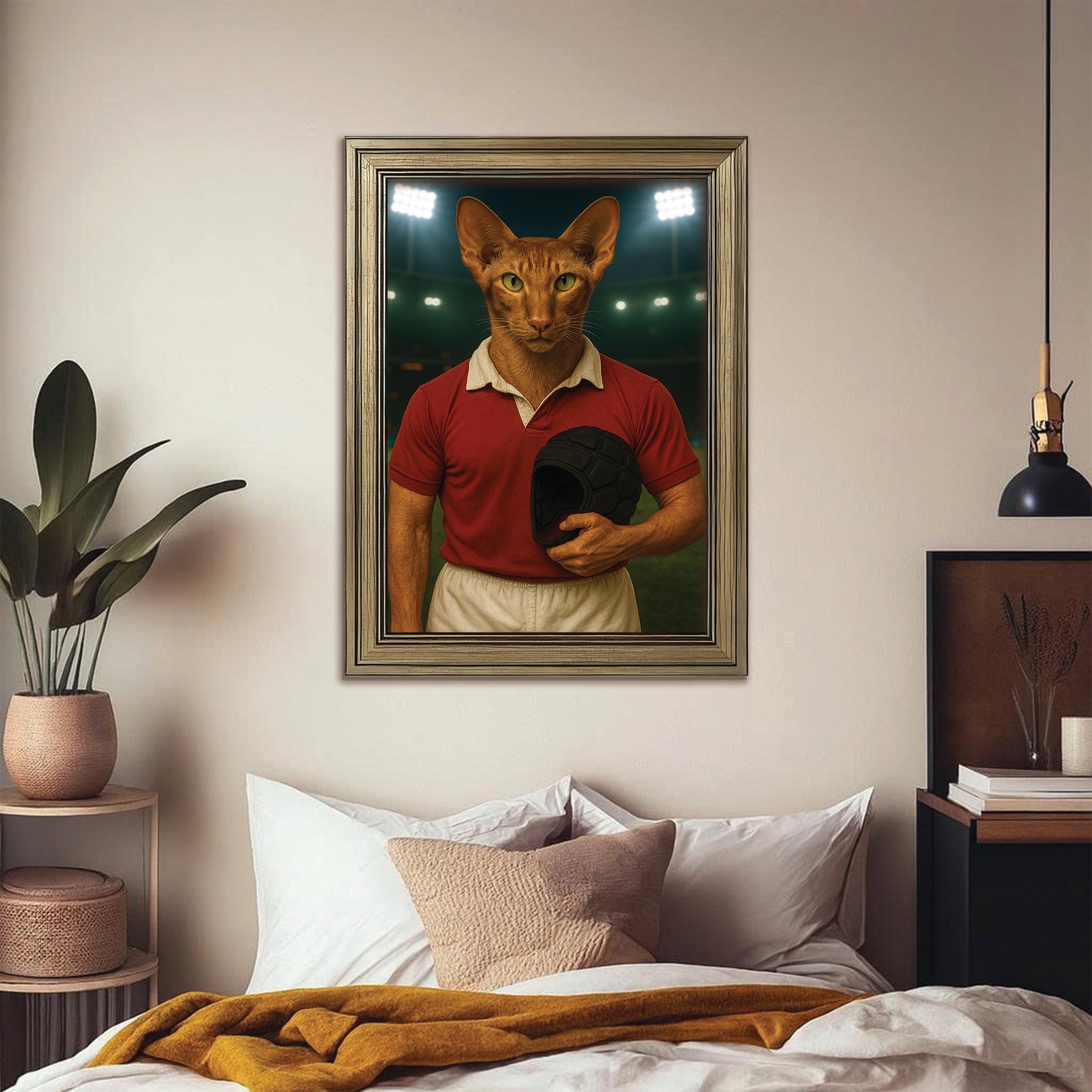 Custom Photo Rugby Player 2 Cat Canvas Framed Wall Art Gift For Cat Lovers
