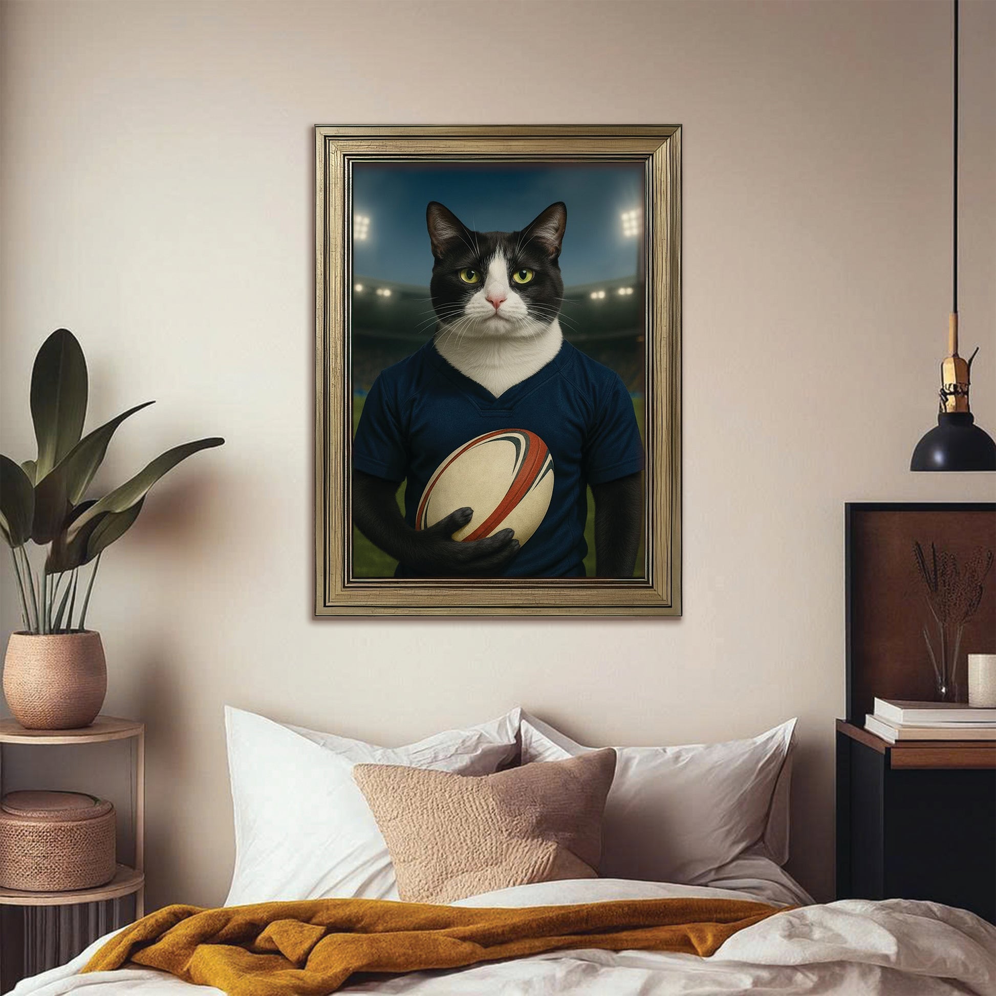 Custom Cat Rugby Sport Cat Canvas Framed Wall Art Gift For Cat Lovers