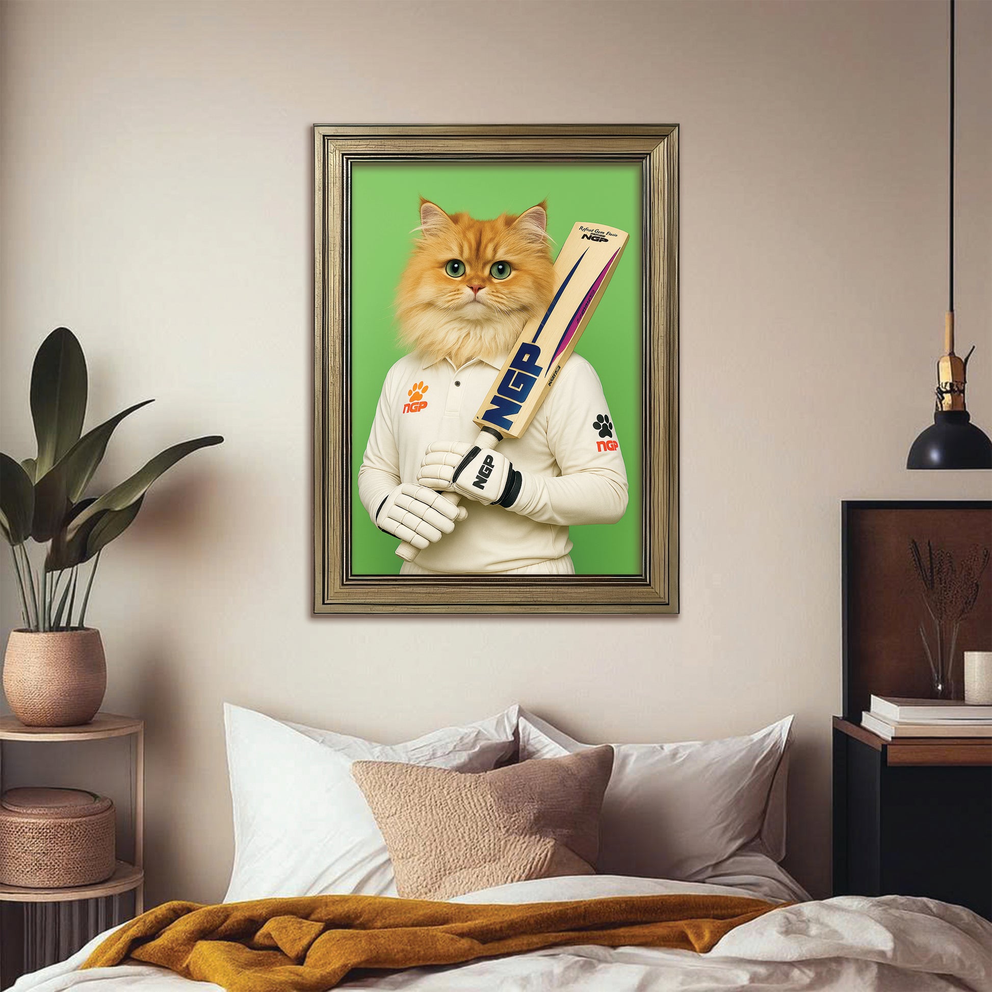 Custom Photo Cricketer Cat Canvas Framed Wall Art Gift For Cat Lovers