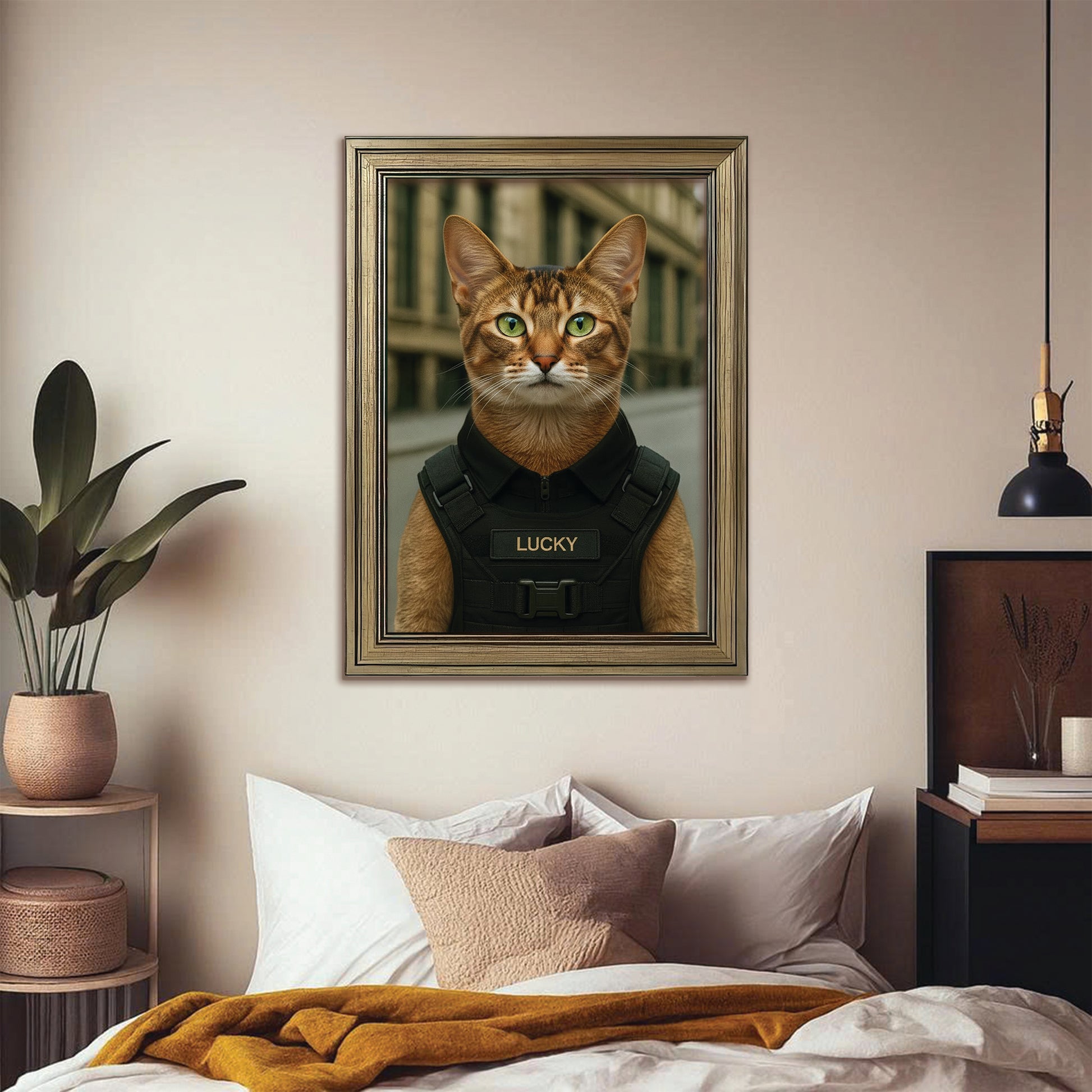 Custom Photo Tactical Cat Canvas Framed Wall Art Gift For Cat Lovers
