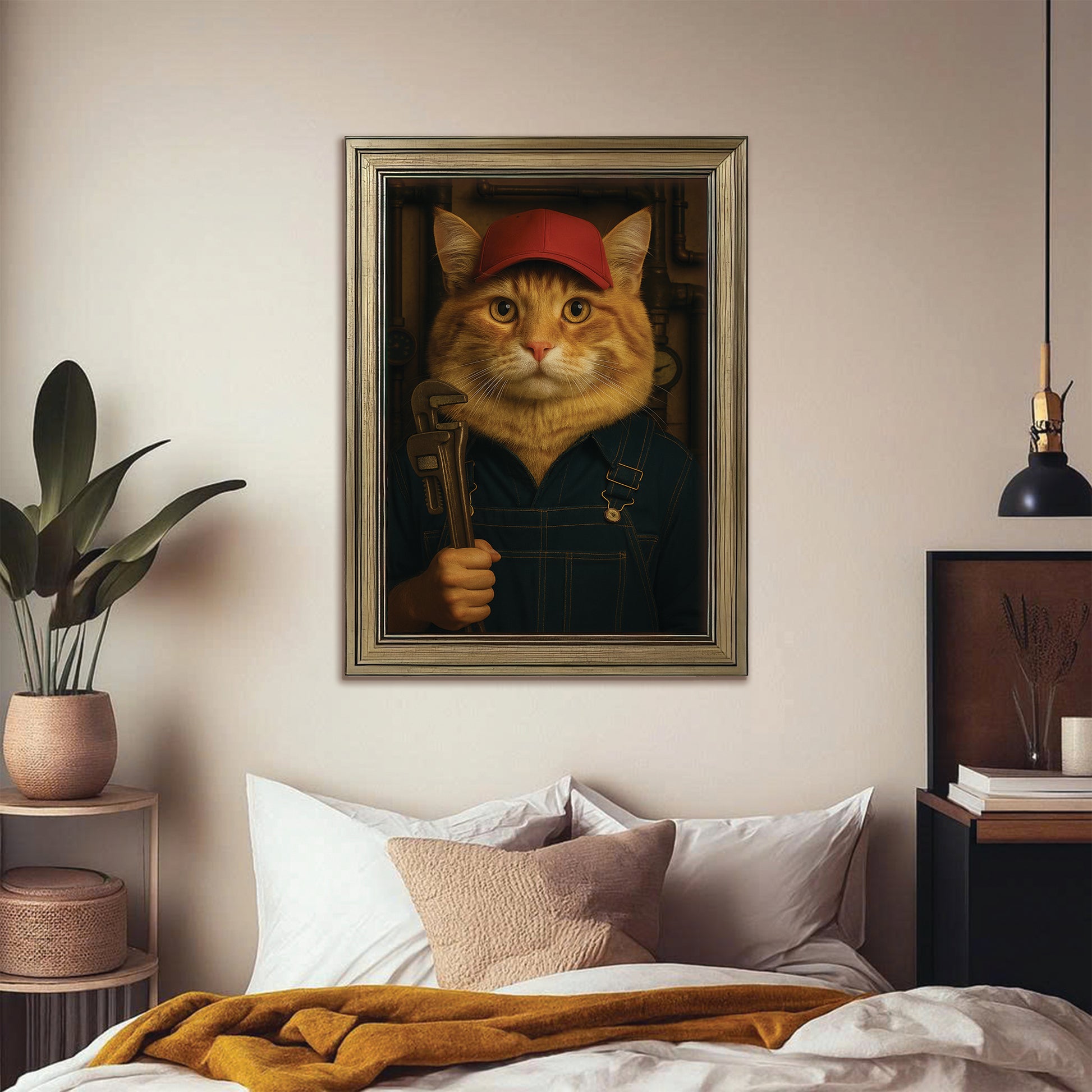 Custom Photo Plumber Cat Canvas Framed Wall Art Gift For Cat Lovers