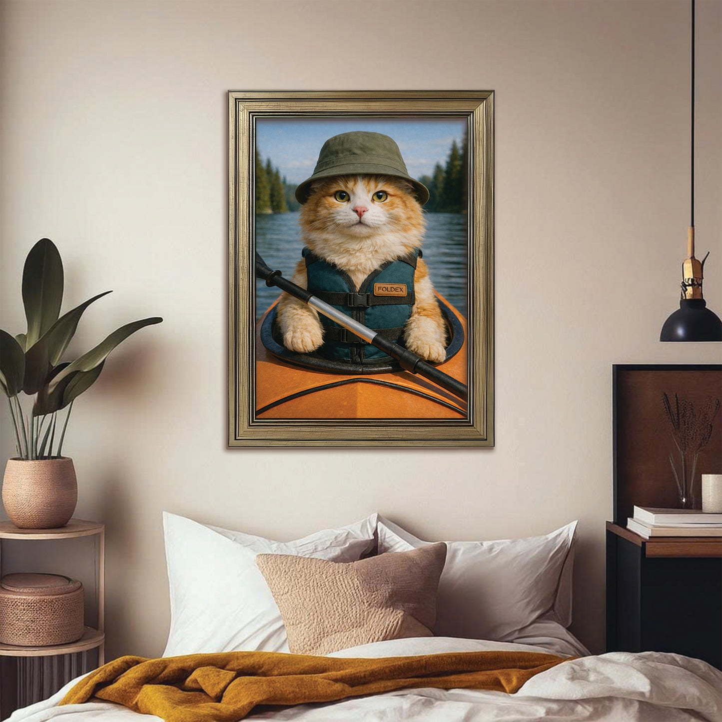 Custom Photo Kayak Cat Canvas Framed Wall Art Gift For Cat Lovers