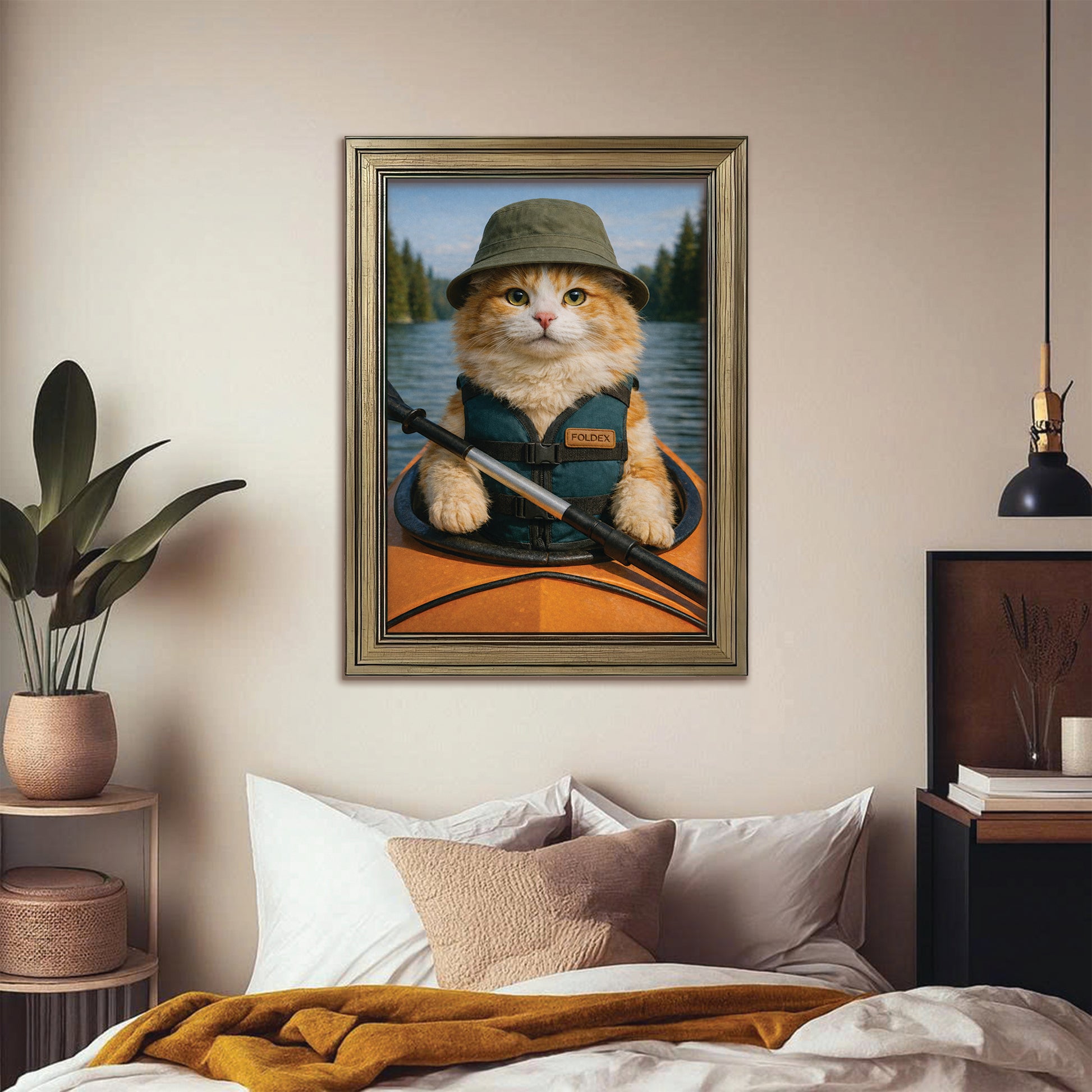 Custom Photo Kayak Cat Canvas Framed Wall Art Gift For Cat Lovers