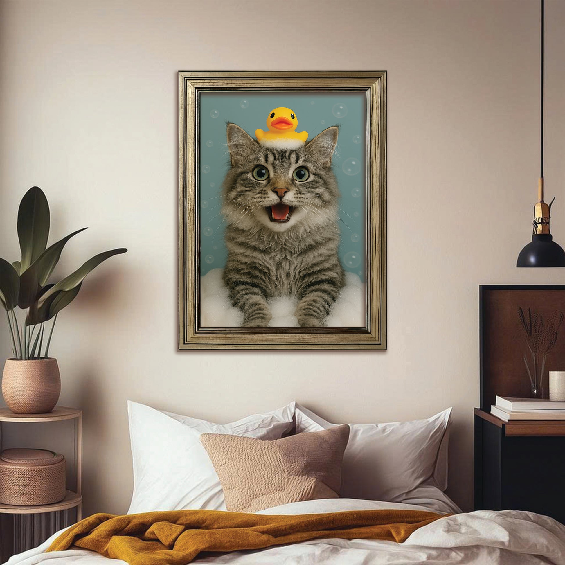 Custom Photo Cat In Bathtub With Duck Toy Canvas Framed Wall Art